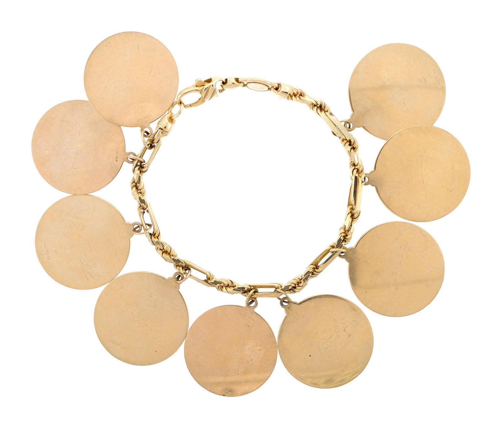 VINTAGE 14K YELLOW GOLD DISC CHARM BRACELET.: A vintage, 14k yellow gold (stamped) charm bracelet with 9 discs, engraved on both sides, 25.5mm dia., 7 inches long, 41.3 grams.