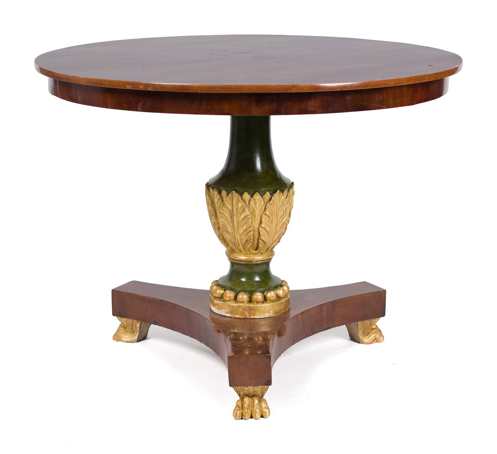 19TH C. REGENCY PAINTED & GILT CENTER TABLE.: A ca. 1815 English Regency center table with round top and a green painted acanthus carved pedestal on a carved and gilt base, 30”H x 39.25” dia.