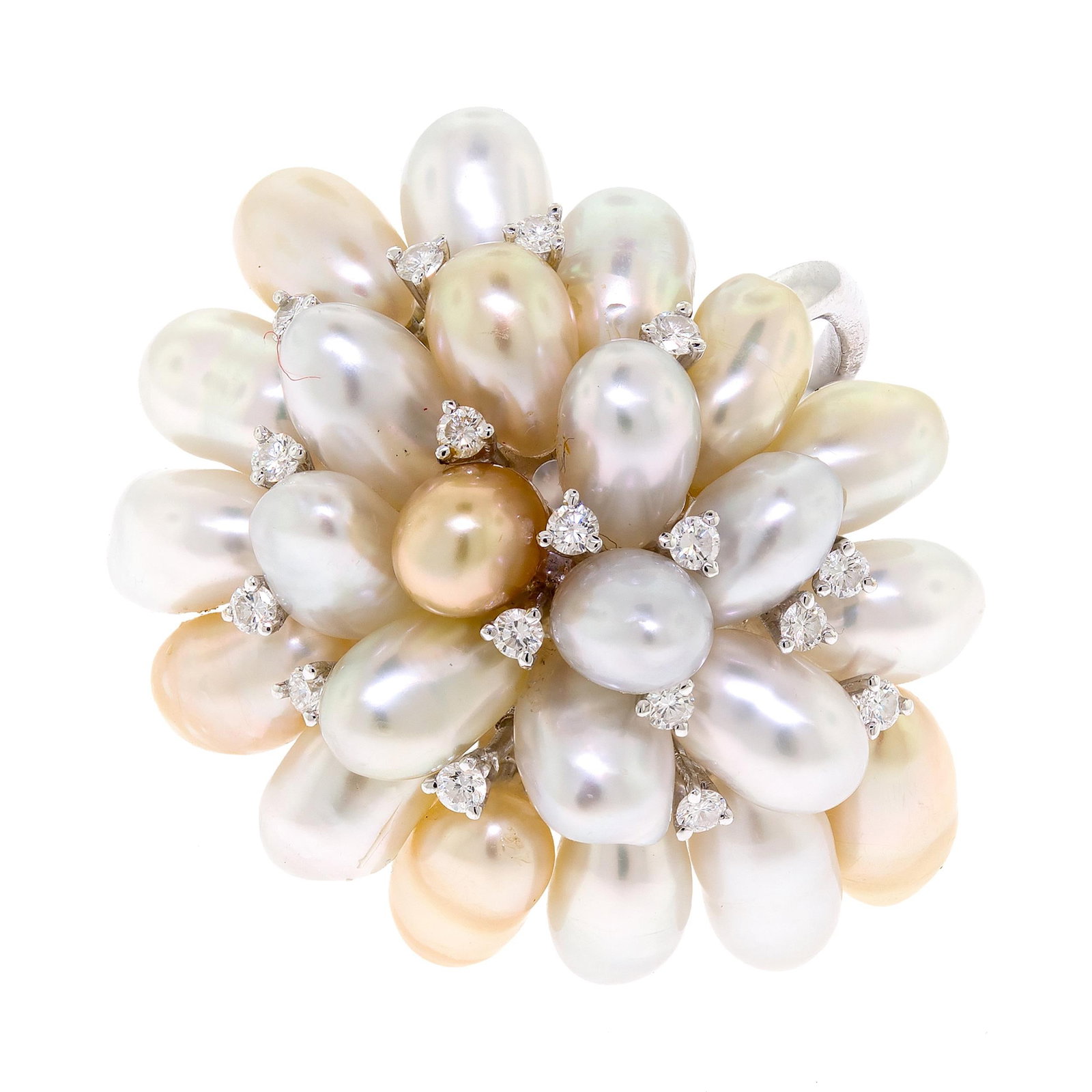 LA PUTRI 18K GOLD PEARL & DIAMOND CLUSTER RING.: A signed, La Putri, 18k white gold (stamped), cluster ring set with gold and silvery white, cultured pearls with excellent luster, and approx. .34 ct. tw., round brilliant cut, natural diamonds of G-H