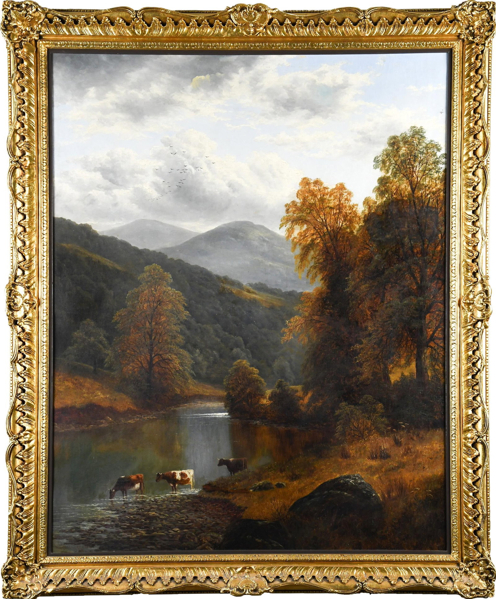 WILLIAM MELLOR OIL, RIVER VALLEY WITH COWS.: William Mellor (UK, 1851-1931) large oil on canvas, a sweeping river valley landscape in autumn, with cows drinking from the river. Signed lower left William Mellor. Canvas 50” x 40”, Fram