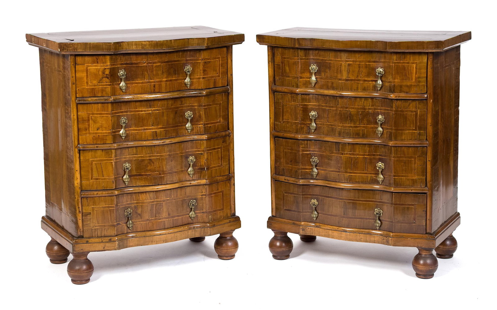 PAIR OF 19TH C. GERMAN DIMINUTIVE SERPENTINE CHESTS.: A pair of 19th C. German baroque style four drawer diminutive serpentine inlaid walnut chests, on ball feet. 31.5”H x 26”W x 16”D.