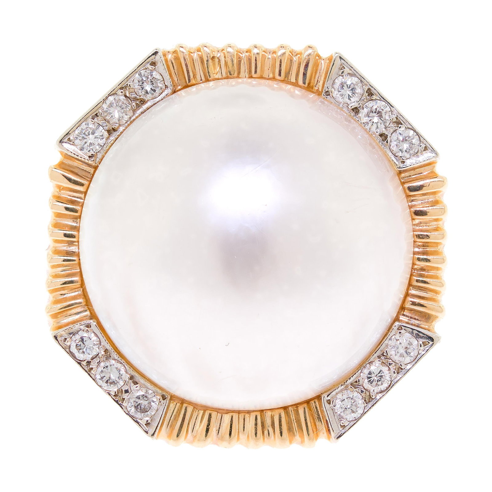 VINTAGE 14K GOLD MABE PEARL & DIAMOND RING.: A vintage, 14k yellow gold (tested), octagonal, mabe pearl ring, 21.5mm dia. pearl with very good luster and approx. .50 ct. tw. round brilliant cut, natural diamonds of G-H color and VS clarity. Ring