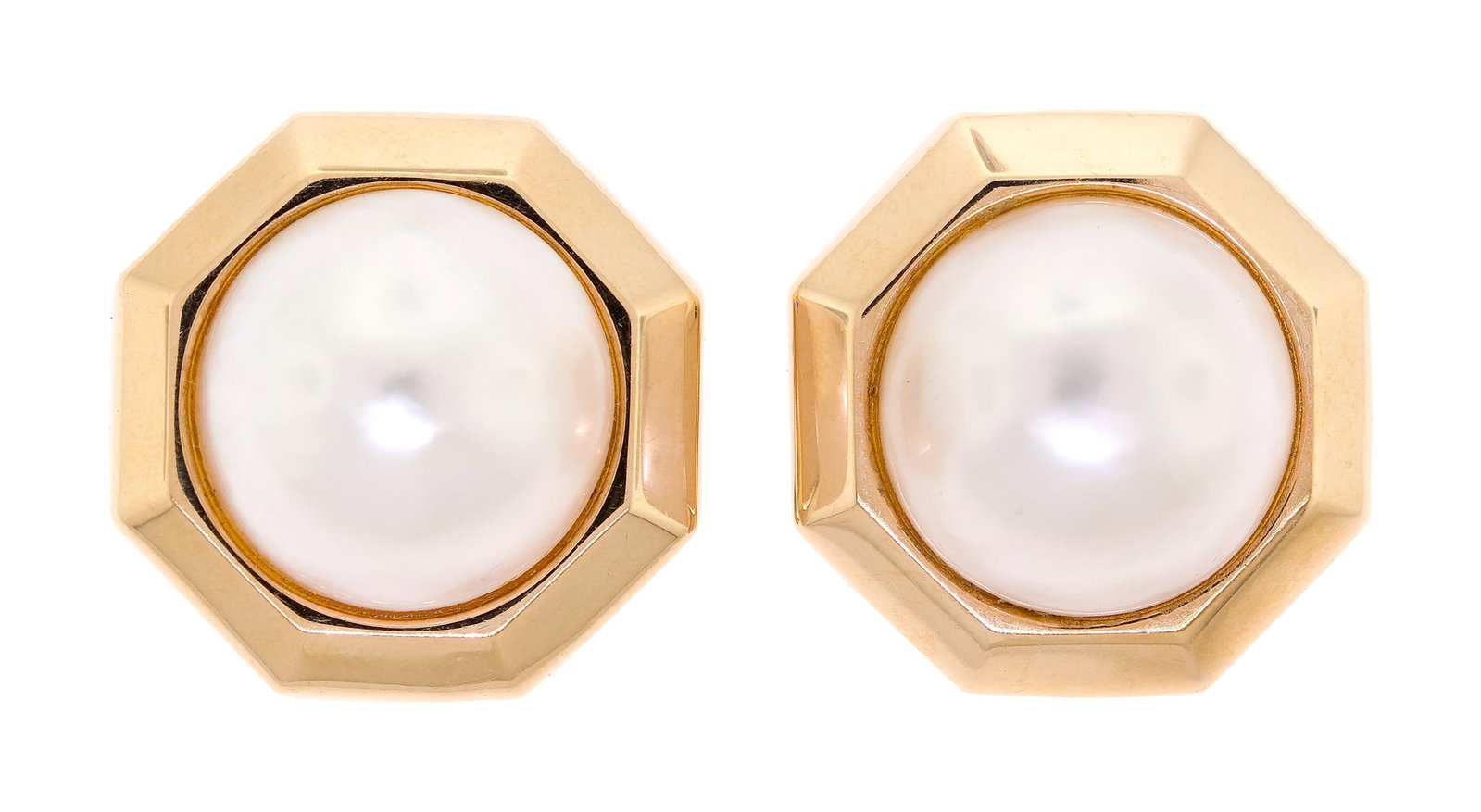 14K GOLD OCTAGON MABE PEARL POST EARRINGS.: A pair of 14k yellow gold (stamped), octagonal shaped, mabe pearl post earrings with omega clip closures, 17mm pearls with very good luster, 1 inch, 12.4 grams.