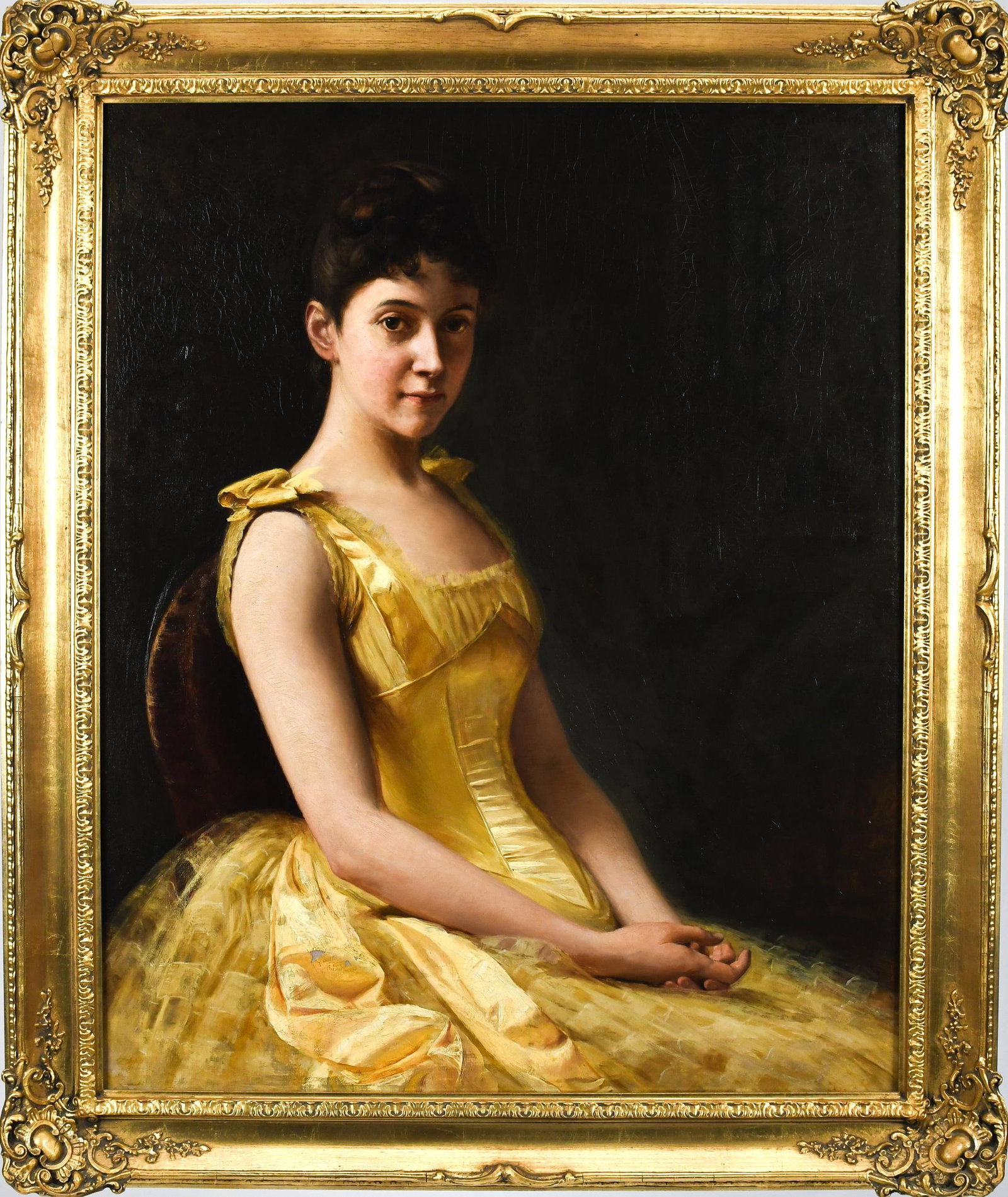 FRANK H. TOMPKINS, O\C GIRL IN YELLOW DRESS.: An antique Frank H. Tompkins (NY, 1847-1922) oil on canvas of a young girl wearing a yellow dress, seated on a Victorian chair. Signed upper right, F.H. Tompkins, Boston 1888. In a 20th C. gilt frame.