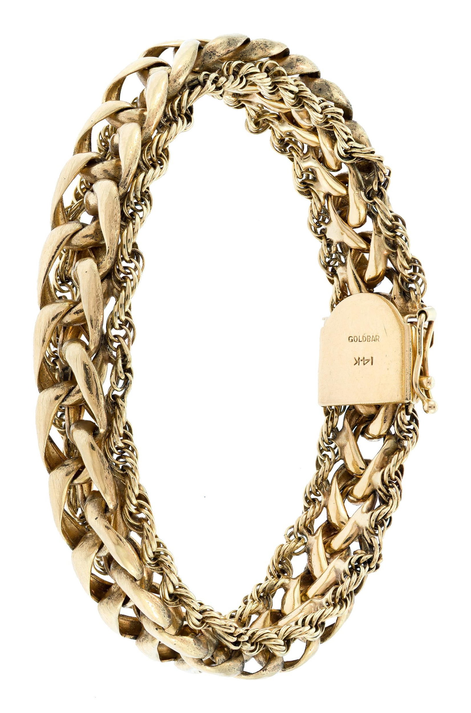 VINTAGE 14K GOLD YELLOW ROPE & WOVEN LINK BRACELET.: A vintage, 14k yellow gold (stamped) rope and woven link bracelet, 13mm wide, 31.8 grams.