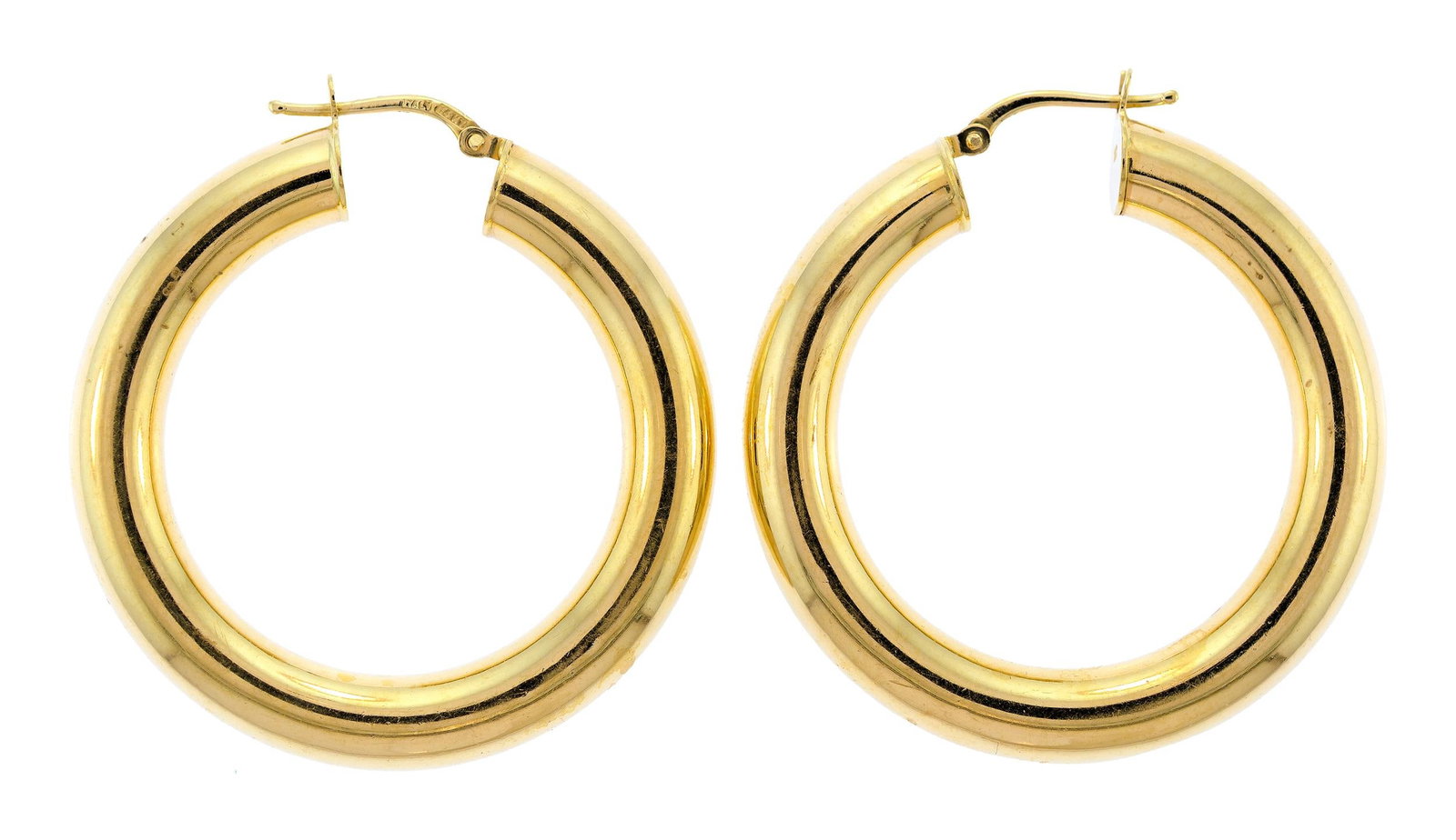 14K YELLOW GOLD CHUNKY HOOP EARRINGS.: A pair of 14k yellow gold (stamped), chunky hoop earrings, 6mm thick, 1 1/2 inch dia., 8.6 grams.