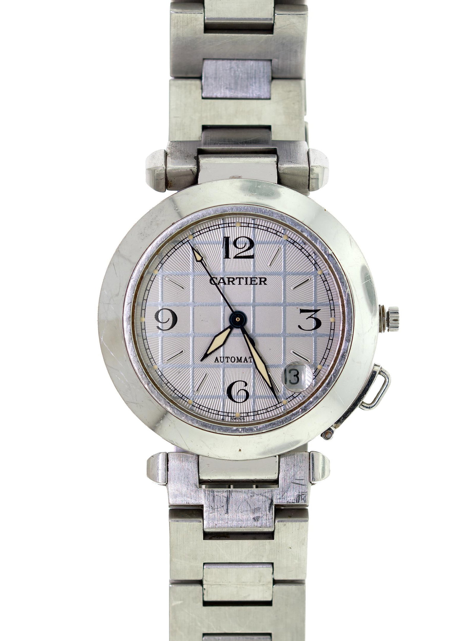 PASHA DE CARTIER STAINLESS STEEL WRIST WATCH.: A Pasha de Cartier, stainless steel wrist watch, automatic movement, self-winding, date with cyclops lens, CC359345, 35mm case, 7 3/8 inch wrist. Provenance: previously owned by a prominent NYC entert