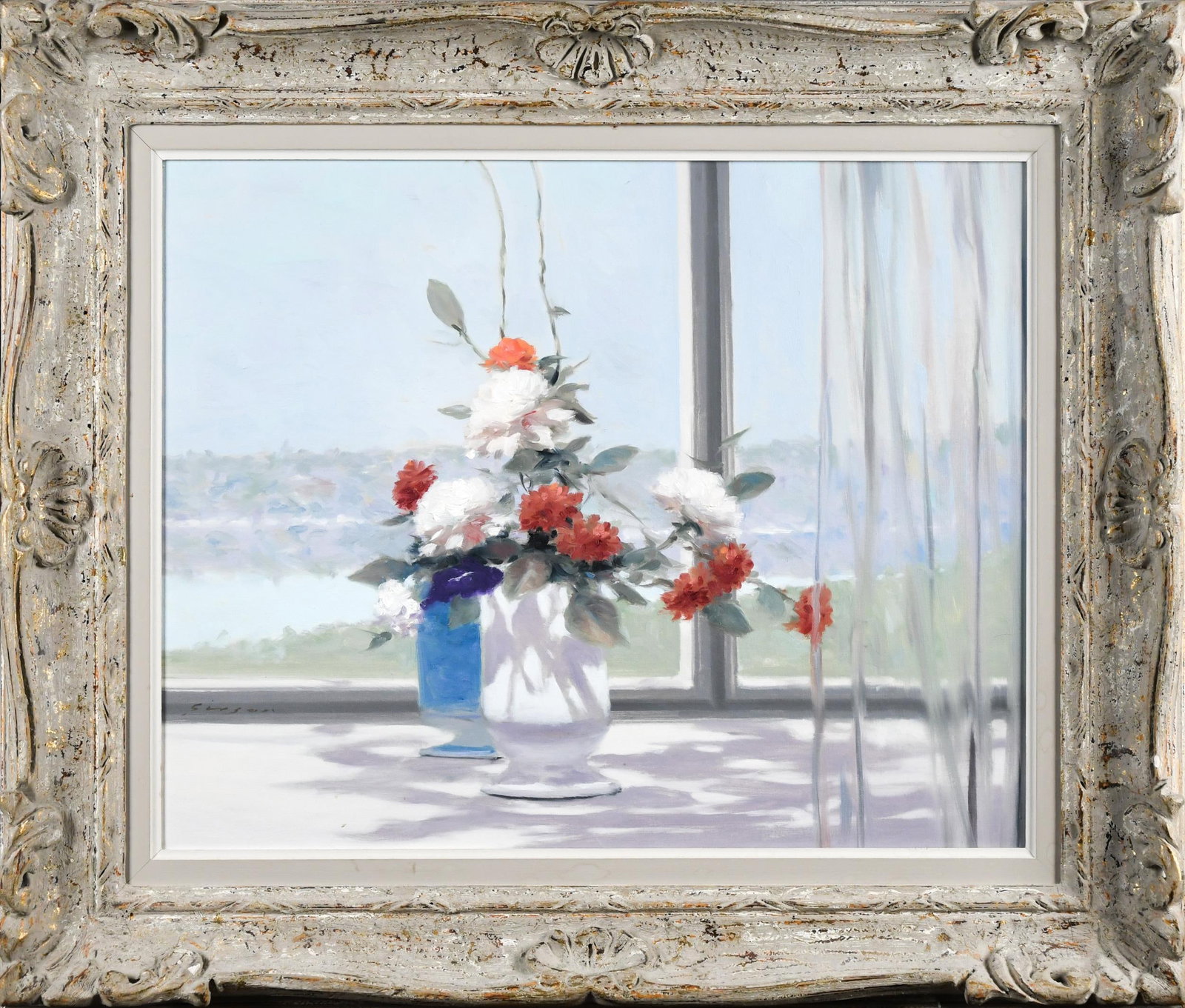 ANDRE GISSON OIL, STILL FLOWERS.: Andre Gisson (1921-2003) oil on canvas, vase of flowers before a window, signed lower left Gisson. Image 16” x 20”, Frame 23” x 26.5”.