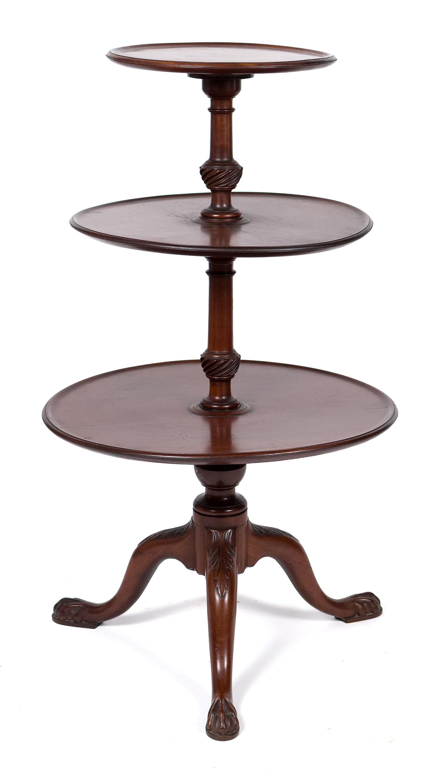 18TH C. CHIPPENDALE MAHOGANY DUMBWAITER.: An 18th C. Chippendale carved mahogany three tier dumbwaiter, dish tops with spiral carved urn pedestals, acanthus leaf carved knees, ending in unique carved talon feet. 41”H x (tops 14.2”