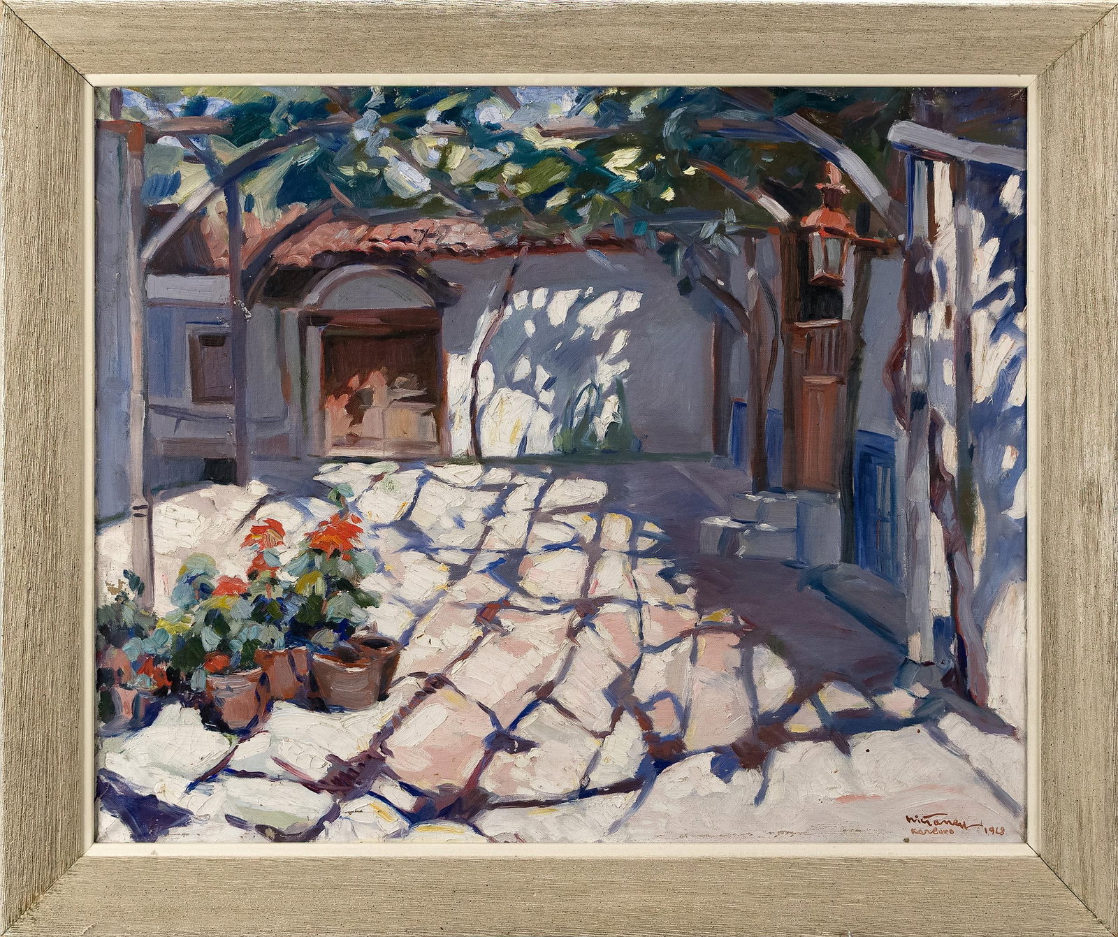 NIKOLA TANEV OIL ON CANVAS, COURTYARD.: A Nikola Tanev (Bulgaria, 1890-1962) oil on canvas, Courtyard, signed lower right and dated 1928. Canvas 23.5” x 28.5”, Frame 28” x 33”.