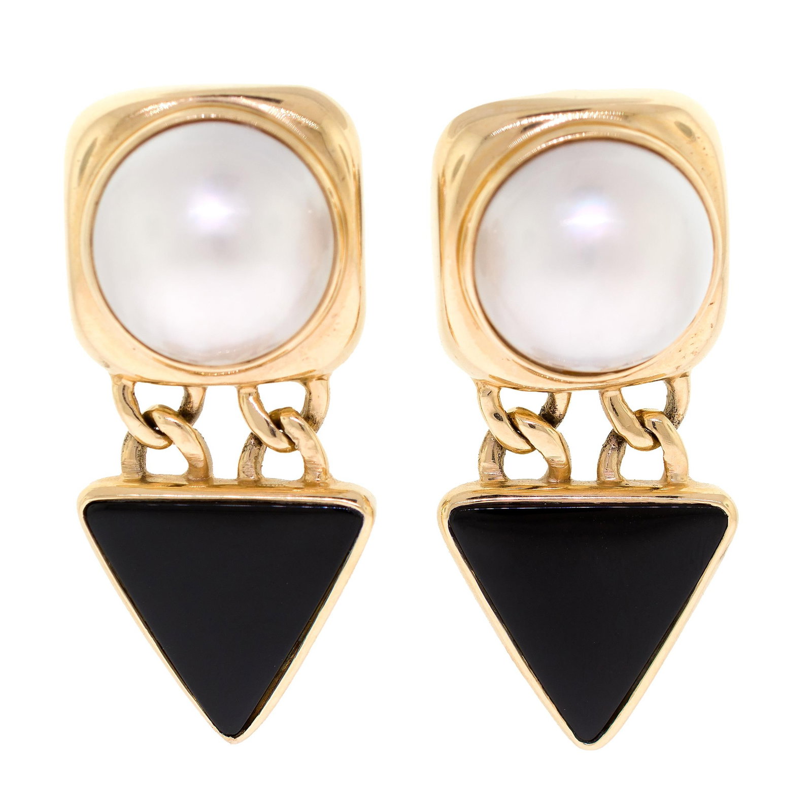 VINTAGE 14K GOLD MABE PEARL & BLACK ONYX EARRINGS.: A pair of vintage, 14k yellow gold (stamped) mabe pearl and black onyx post, dangle earrings with omega clip closures, marked MS, 17mm dia. pearls with very good luster, 21mm square tops, 1 7/8 inches