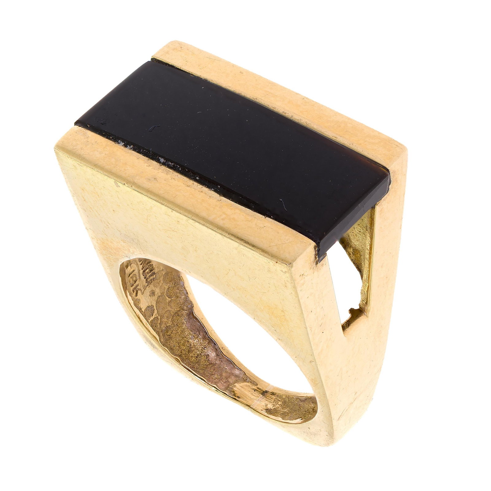18K GOLD DUNAY BLACK ONYX FLAT TOP RING.: An 18k yellow gold (stamped), black onyx flat top ring. Ring size 6 1/2, 13.5mm wide, 11 grams.