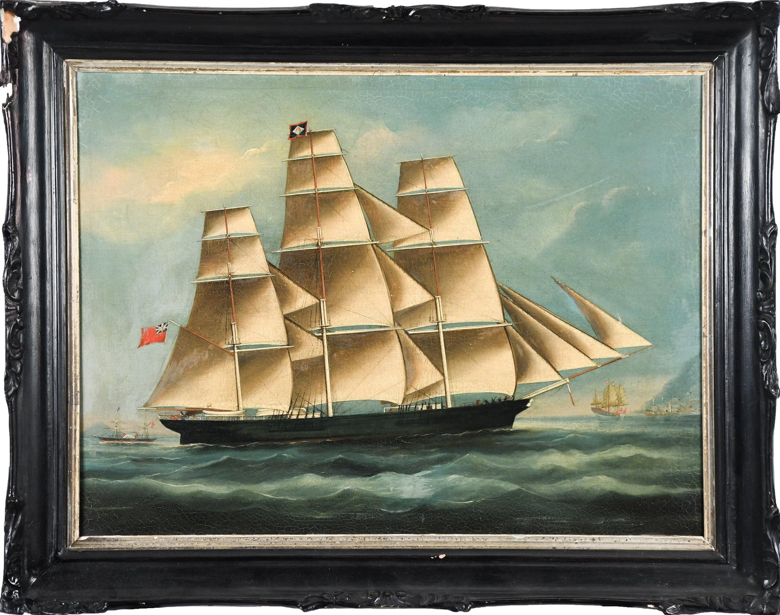 19TH C. CHINA TRADE CLIPPER SHIP OIL.: A mid-19th C. China trade oil on canvas, depicting a Clipper ship with a British flag, sailing into a harbor, in a period China trade black painted frame. Canvas 18” x 23.5”, Frame 22̶