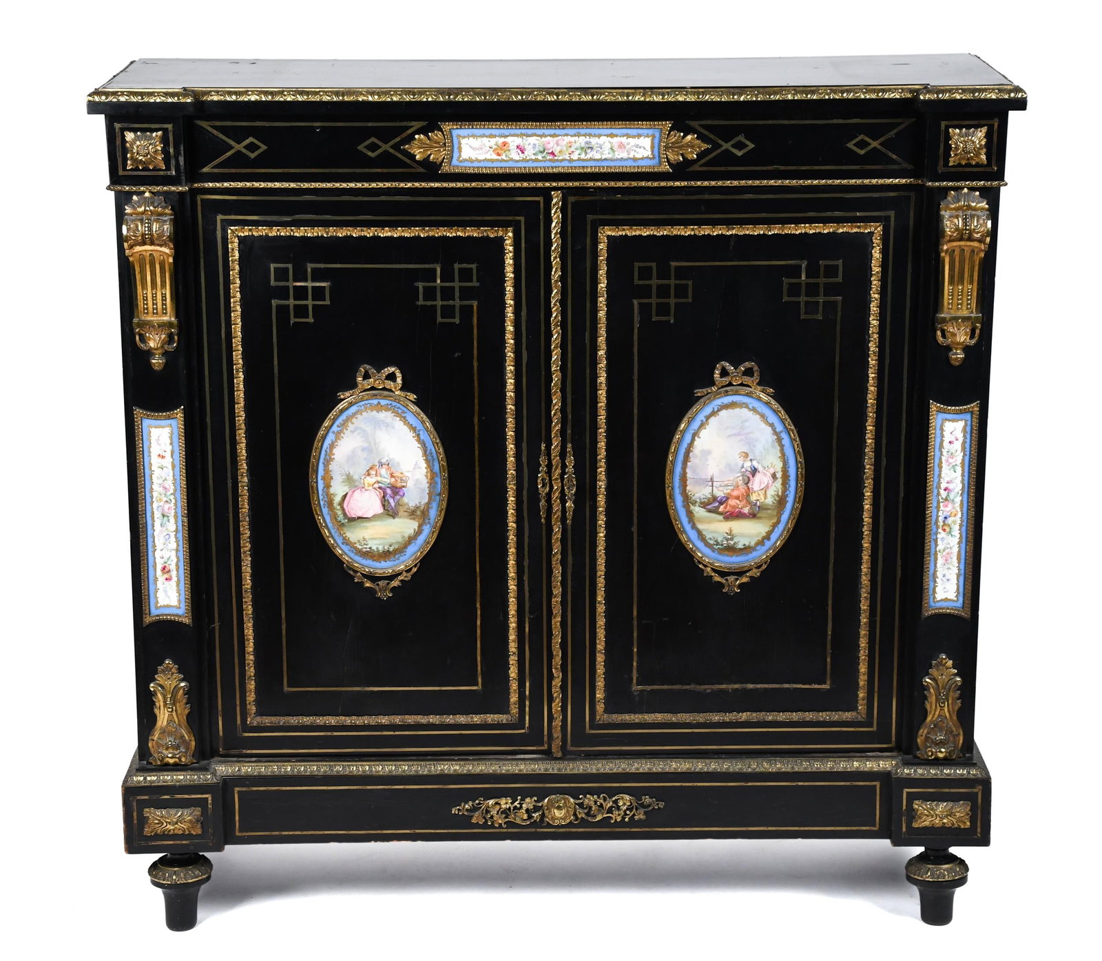 19TH C. EBONIZED CABINET WITH LIMOGES PLAQUES.: A ca. 1880 French ebonized mahogany two door cabinet set with four Limoges hand painted porcelain plaques. 47”H x 48”W x 16”D.