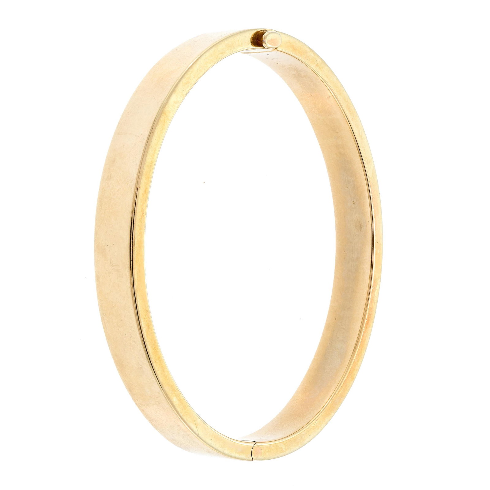 VINTAGE SIGNED TIFFANY & CO. HINGED BANGLE BRACELET.: A vintage, signed Tiffany & Co., 14k yellow gold (stamped) hinged bangle bracelet, 8mm wide, 6 3/4 inch wrist, 16.3 grams.