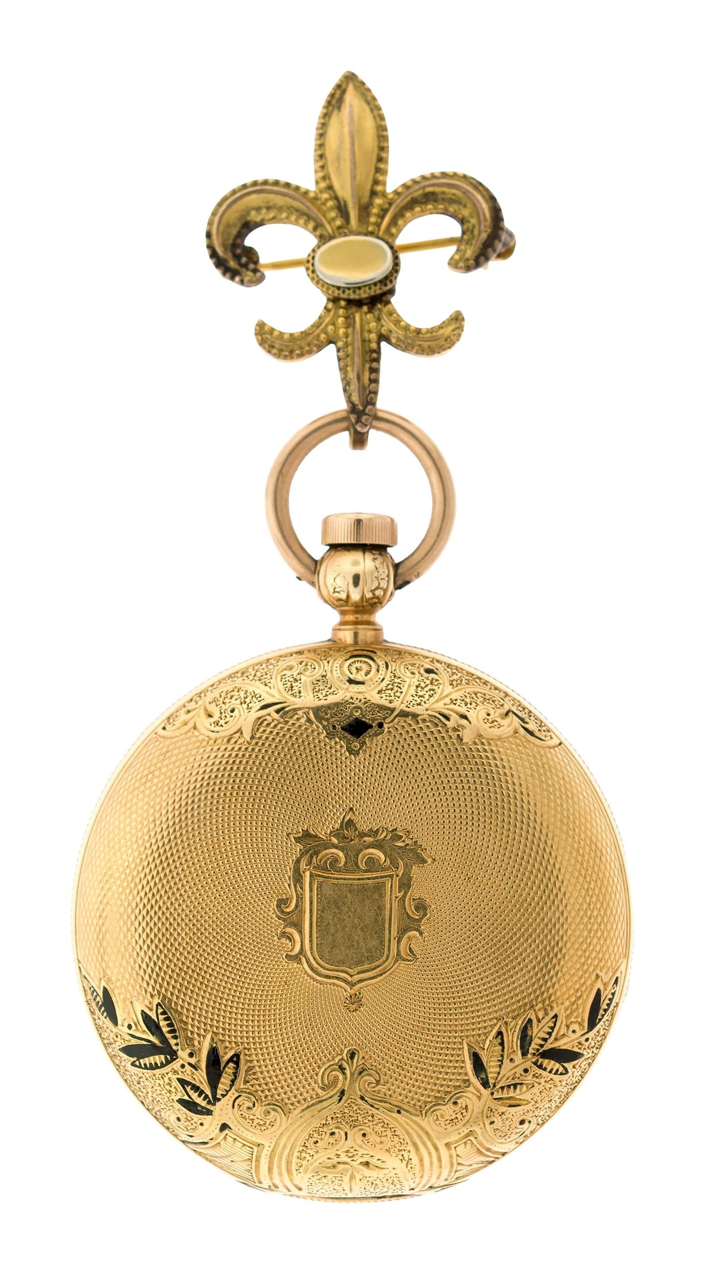 ANTIQUE ERNEST DUVAL 18K HUNTING CASE POCKET WATCH.: An antique, Ernest Duval, 18k yellow gold (stamped), taille d'epargne, hunting case pocket watch, key-wind (included), 40mm case, including a gold-filled, fleur-de-lils, pin, 51.3 grams gross weight (