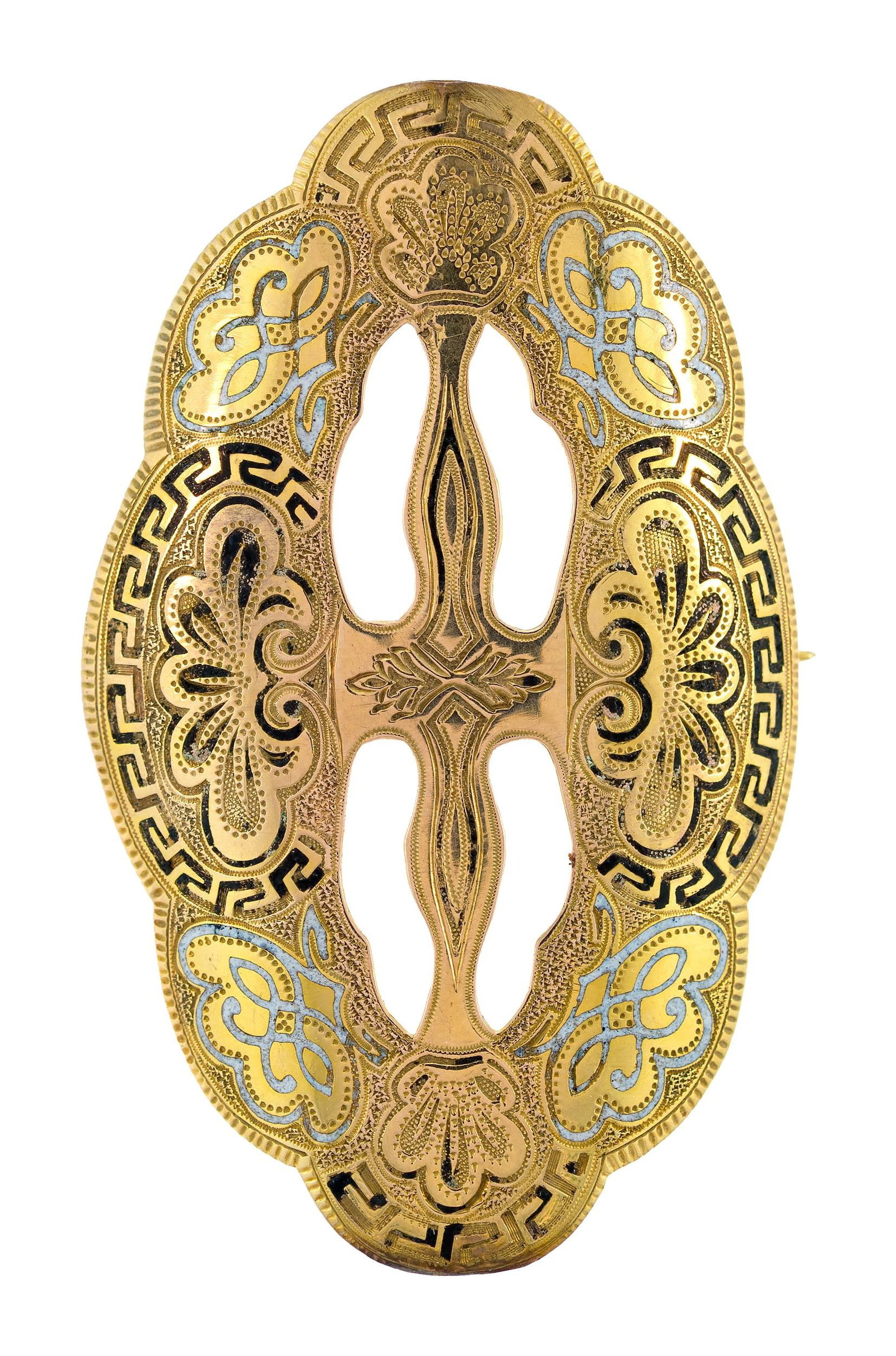 VICTORIAN 14K TAILLE D'EPARGNE SASH BUCKLE/PIN.: A Victorian, 14k yellow gold (stamped), taille d'epargne, sash buckle with pin catch, approx. 2 1/2 inches long, 9.9 grams.