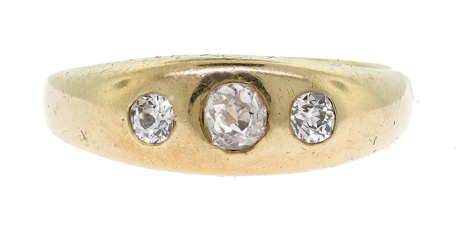 ANTIQUE 14K GOLD 3-STONE OLD MINE CUT DIAMOND RING.: An antique, 14k yellow gold (stamped), three-stone ring set with approx. .50 ct. tw., Old Mine cut, natural diamonds of G-I-J color and VS clarity. Ring size 10, 7.3mm wide, 9.0 grams.