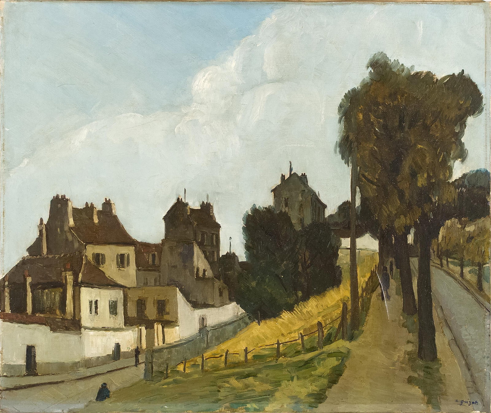 LEON-ALPHONSE QUIZET OIL, BOULEVARD SERURIER.: A Leon-Alphonse Quizet (France, 1885-1955) oil on canvas, street with trees and houses, signed lower right A. Quizet. Label on reverse, L’Art Moderne S.A., with title, Boulevard Serurier.