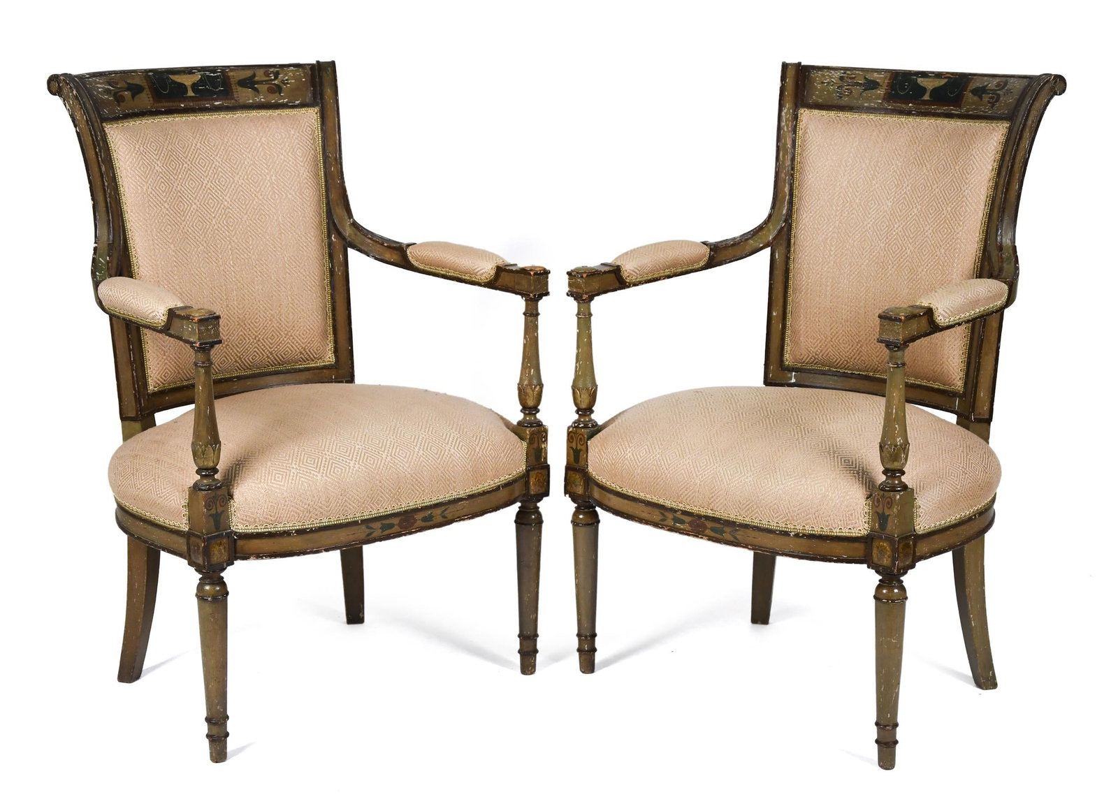 PR. 19TH/20TH C. PAINTED ITALIAN ARM CHAIRS.: A pair of Italian painted and carved wood arm chair with upholstered seats and backs, on turned front legs. 38”H x 25”W x 19”D x 17” seat H.
