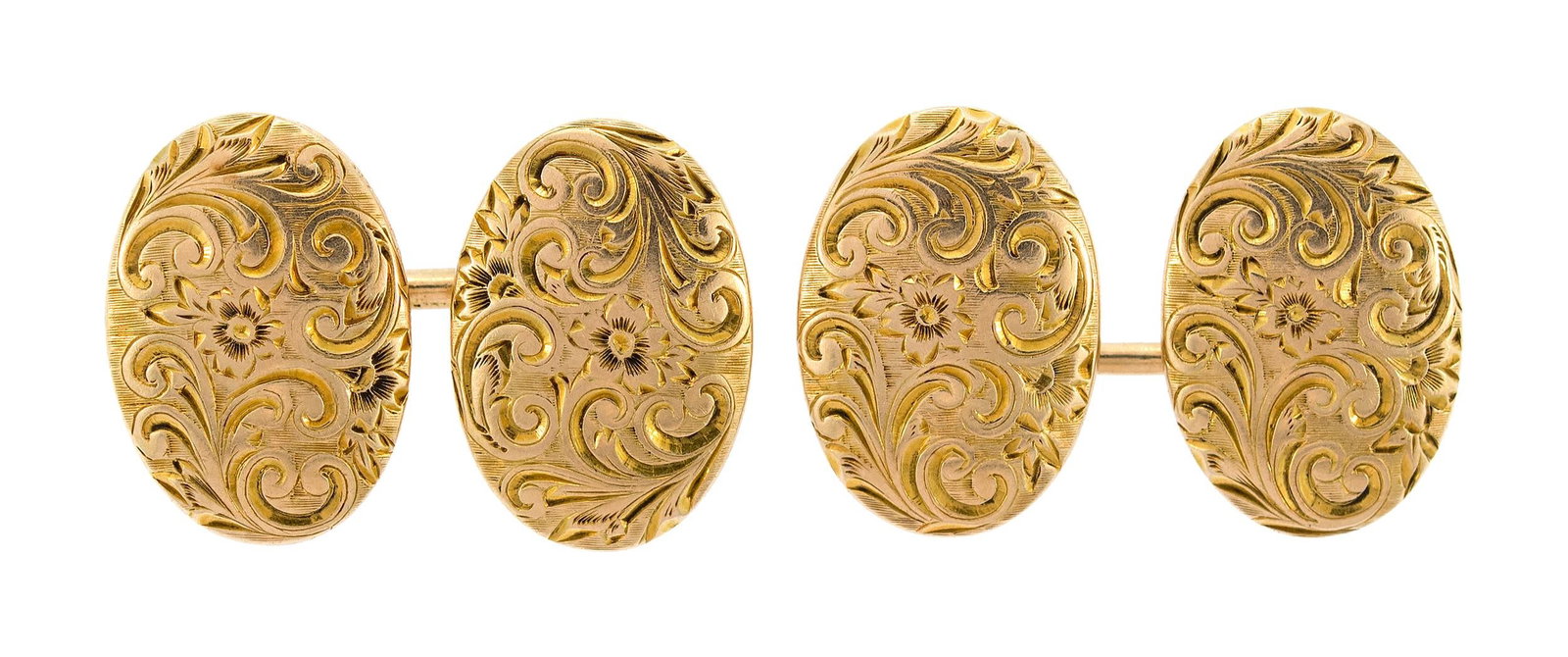 ANTIQUE 14K GOLD HAND-ENGRAVED CUFFLINKS.: A pair of antique, 14k yellow gold (stamped), hand-engraved, oval cufflinks, 18 x 12mm, 13.2 grams.