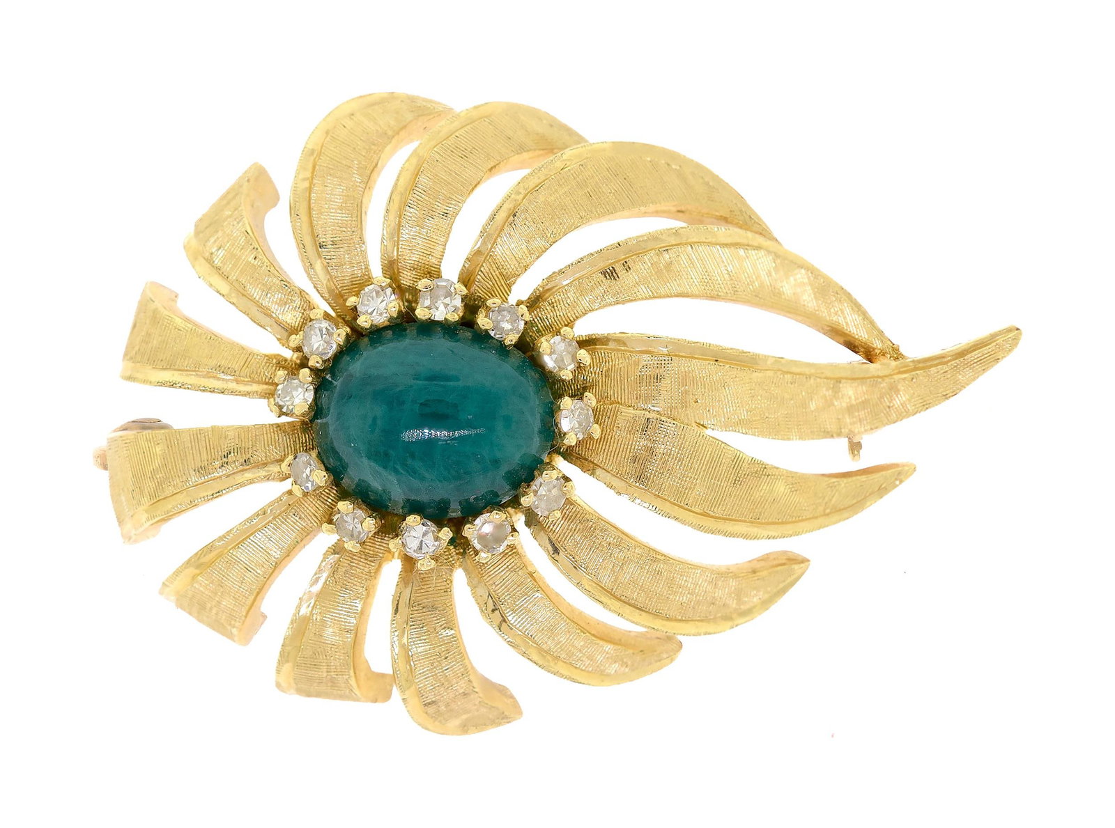 VINTAGE 14K GOLD EMERALD CABOCHON & DIAMOND PIN.: A vintage, 14k yellow gold (stamped) pin set with an approx. 3.8 ct., medium green, emerald cabochon with approx. .50 ct. tw., single cut round, natural diamonds of H-I color and VS-I clarity, 1 5/8 i