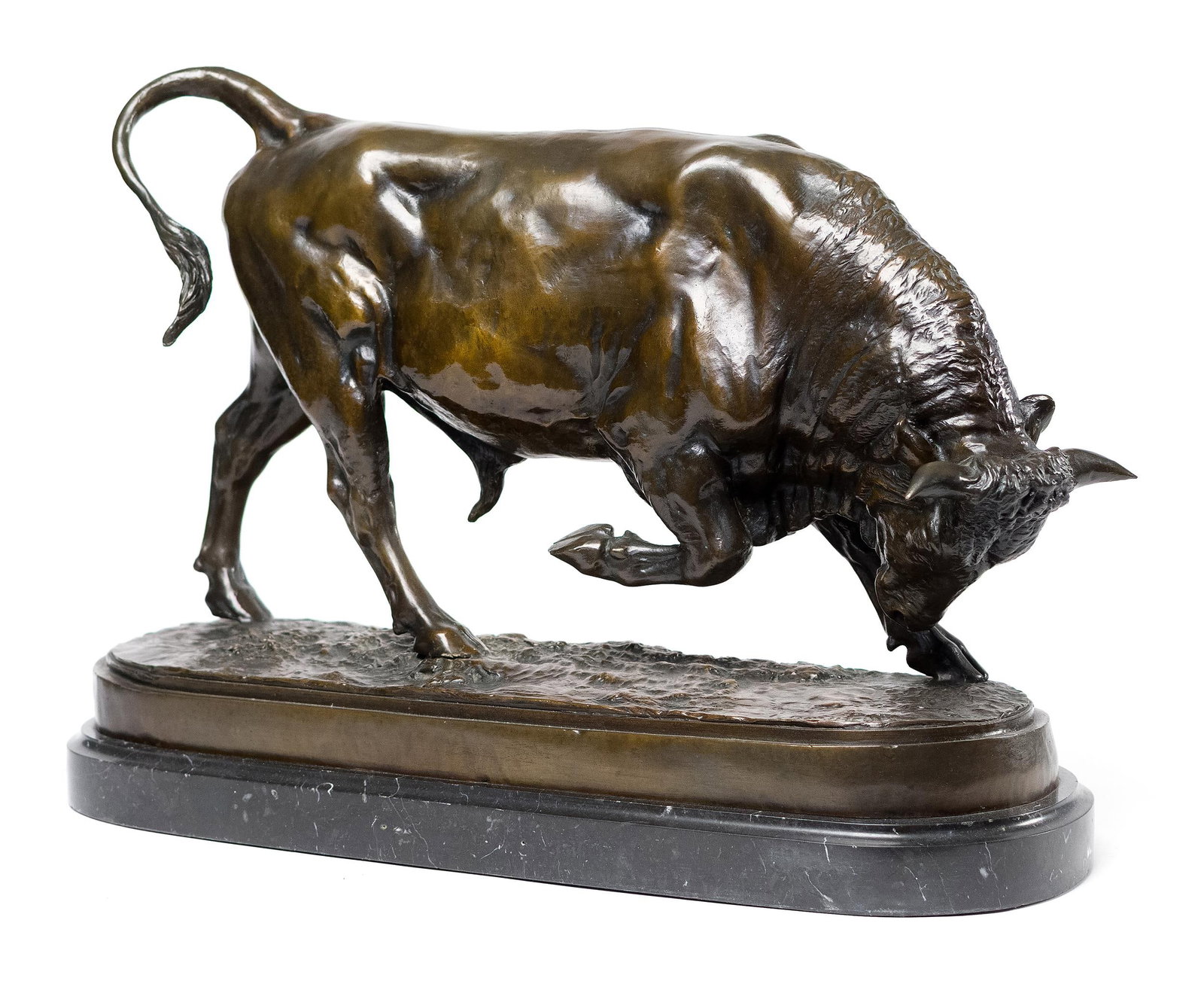 ISIDORE J. BONHEUR BRONZE BULL.: A Isidore Jules Bonheur (1827-1901) large bronze sculpture, bull, signed I. Bonheur. On black stone base. Overall 15.5”H x 21”L.