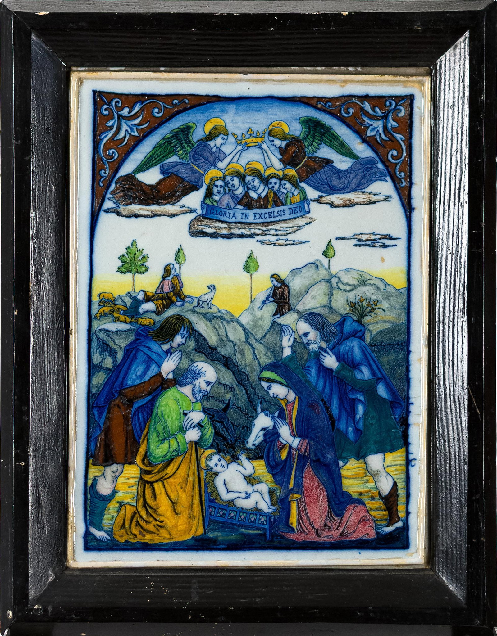 ANTIQUE FRENCH FAIENCE PLAQUE.: An antique French faience plaque, scene of the birth of Jesus. Purportedly dates to the 17th C. Plaque 13” x 9.5”, Frame 16” x 12.5”.