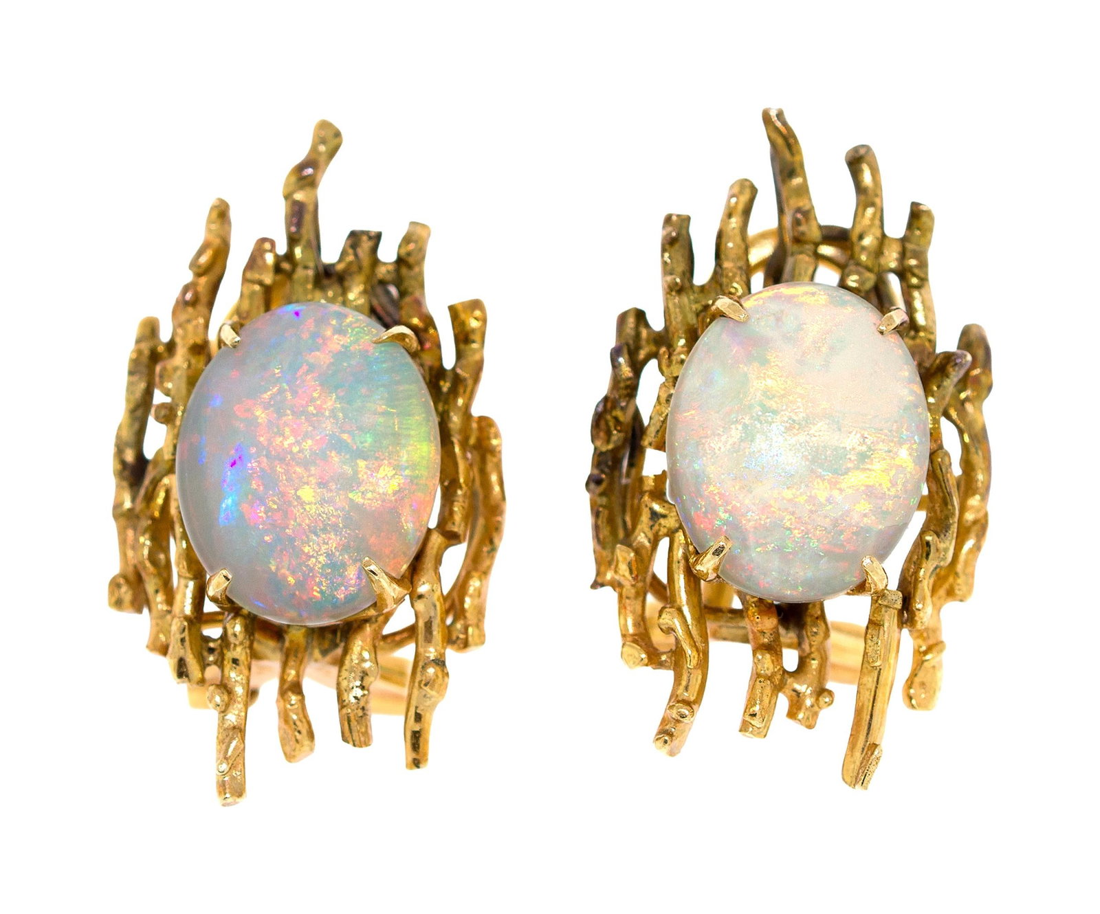 VINTAGE 14K GOLD BRUTALIST OPAL CLIP EARRINGS.: A pair of vintage, 14k yellow gold (stamped), brutalist, opal earrings, set with approx. 4.5 ct. tw., quite bright, red multi-color, opal cabochons, approx. 1 inch long, 8.5 grams.