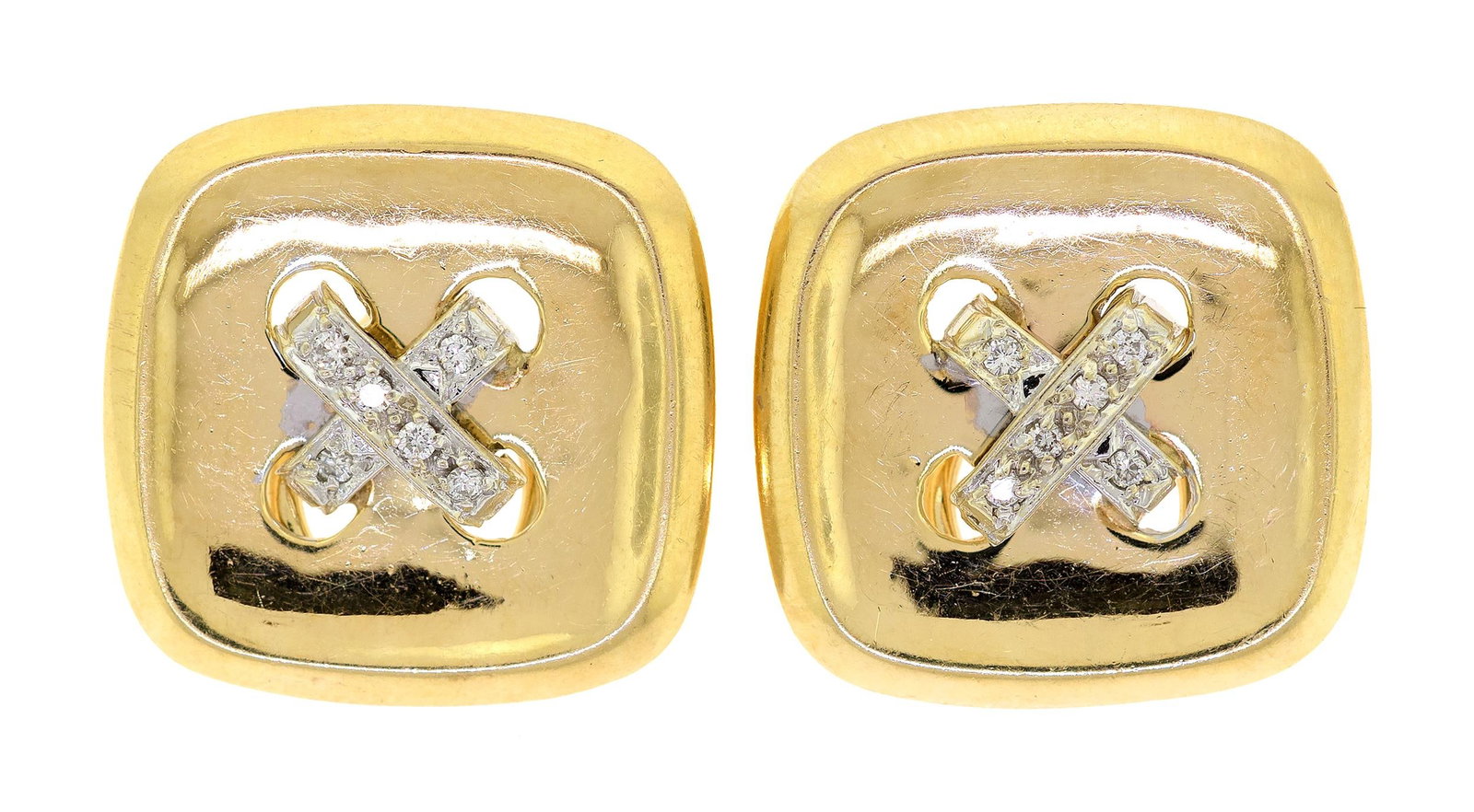 14K GOLD DIAMOND SQUARE BUTTON CLIP EARRINGS.: A pair of 14k yellow gold (stamped), square button clip earrings set with approx. .12 ct. tw., round brilliant cut, natural diamonds of G-H color and VS clarity, 7/8 inch dim., 11.1 grams.