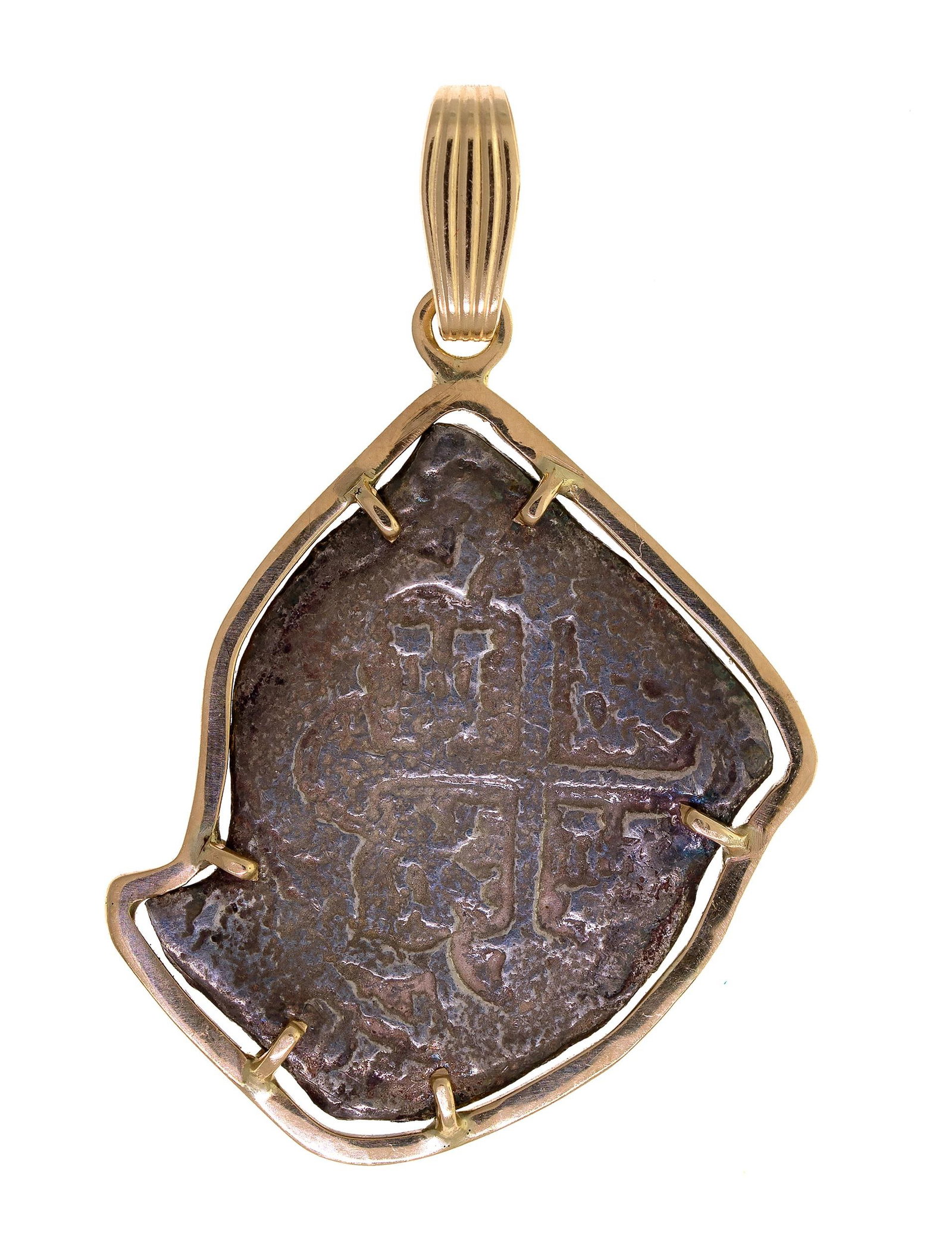 ATOCHA STYLE 14K GOLD & SILVER COB COIN PENDANT.: An Atocha style, Spanish colonial cob, silver coin set into a 14k yellow gold (stamped) frame, 1 14/16”L, 11.3 grams gross weight.