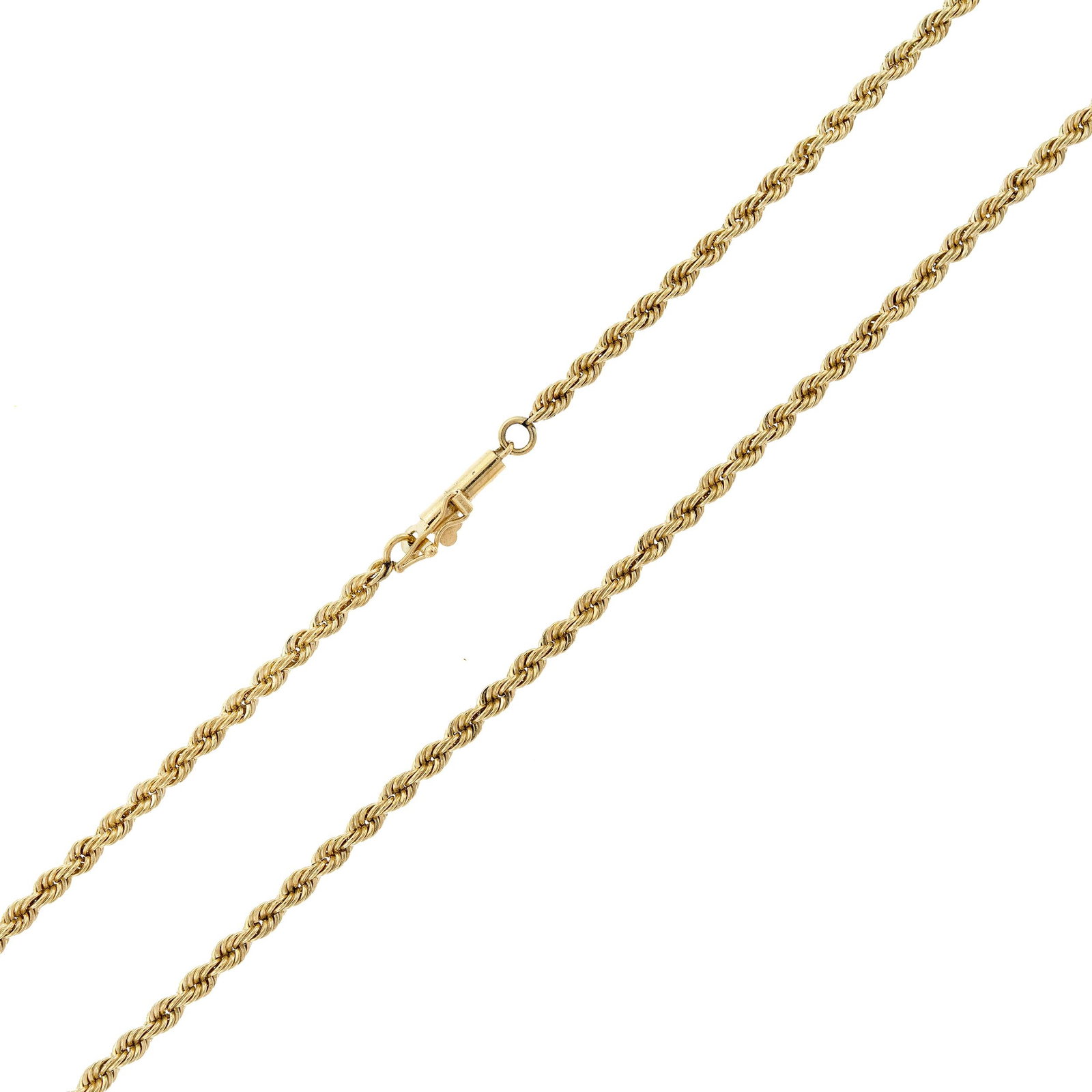 14K YELLOW GOLD ROPE CHAIN NECKLACE.: A 14k yellow gold (stamped) rope chain necklace, 2.5mm thick, 20 inches long, 11.4 grams.