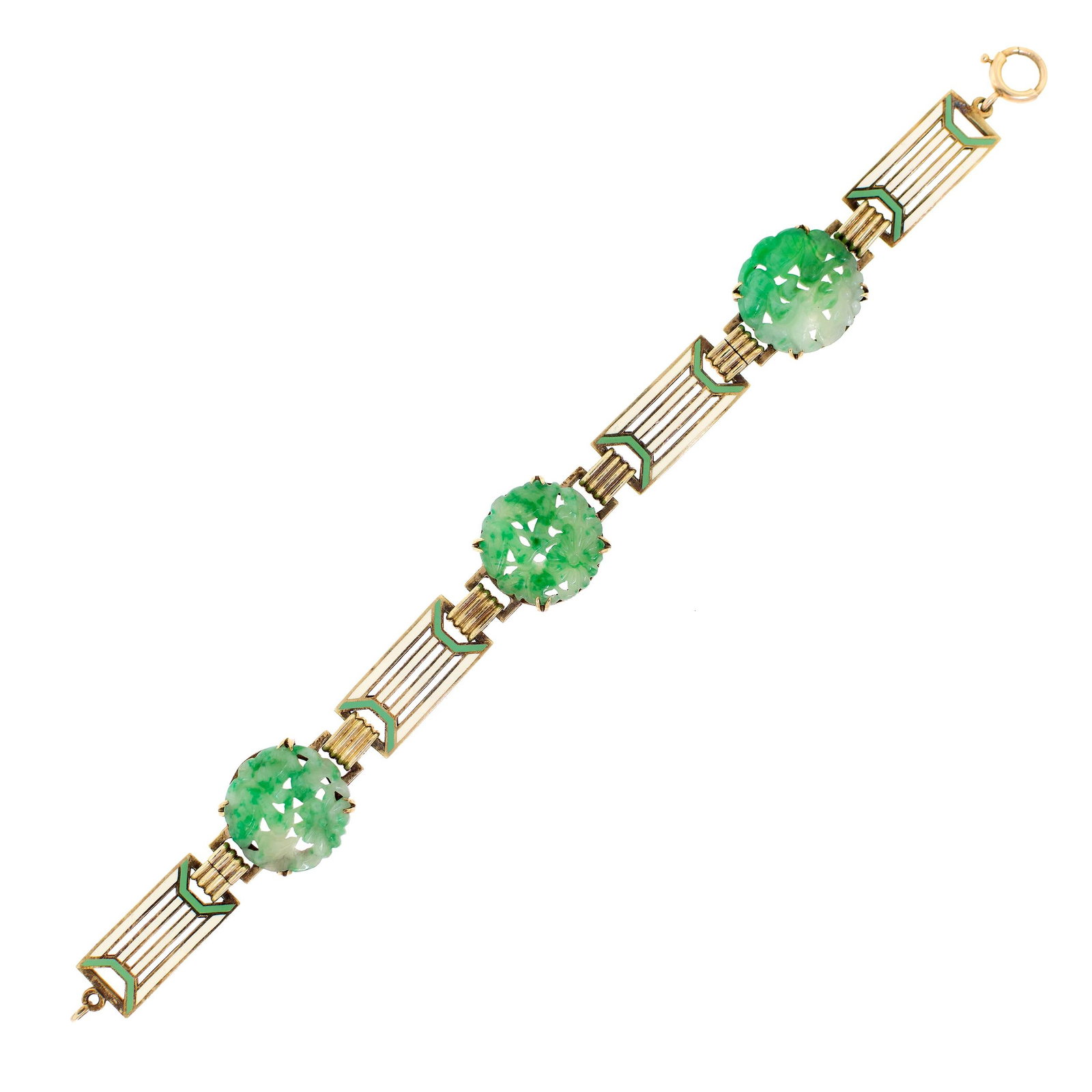 ART DECO 14K GOLD CARVED JADE & ENAMEL BRACELET.: An Art Deco, 14k yellow gold (stamped) enamel bracelet set with carved, slightly mottled green jade discs, 18mm wide, 7 1/2 inches long, 22.6 grams, marked WAB, Wordley, Allsopp & Bliss.