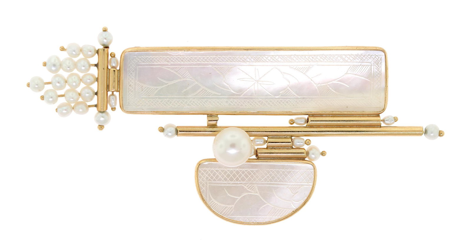 14K GOLD QING DYNASTY MOP GAMING CHIP PIN.: A handmade, 14k yellow gold (stamped, hallmarks unknown), pin set with cut Chinese carved mother of pearl, gaming chips, stated to be from the Qing Dynasty set with cultured freshwater pearls, 3 inche