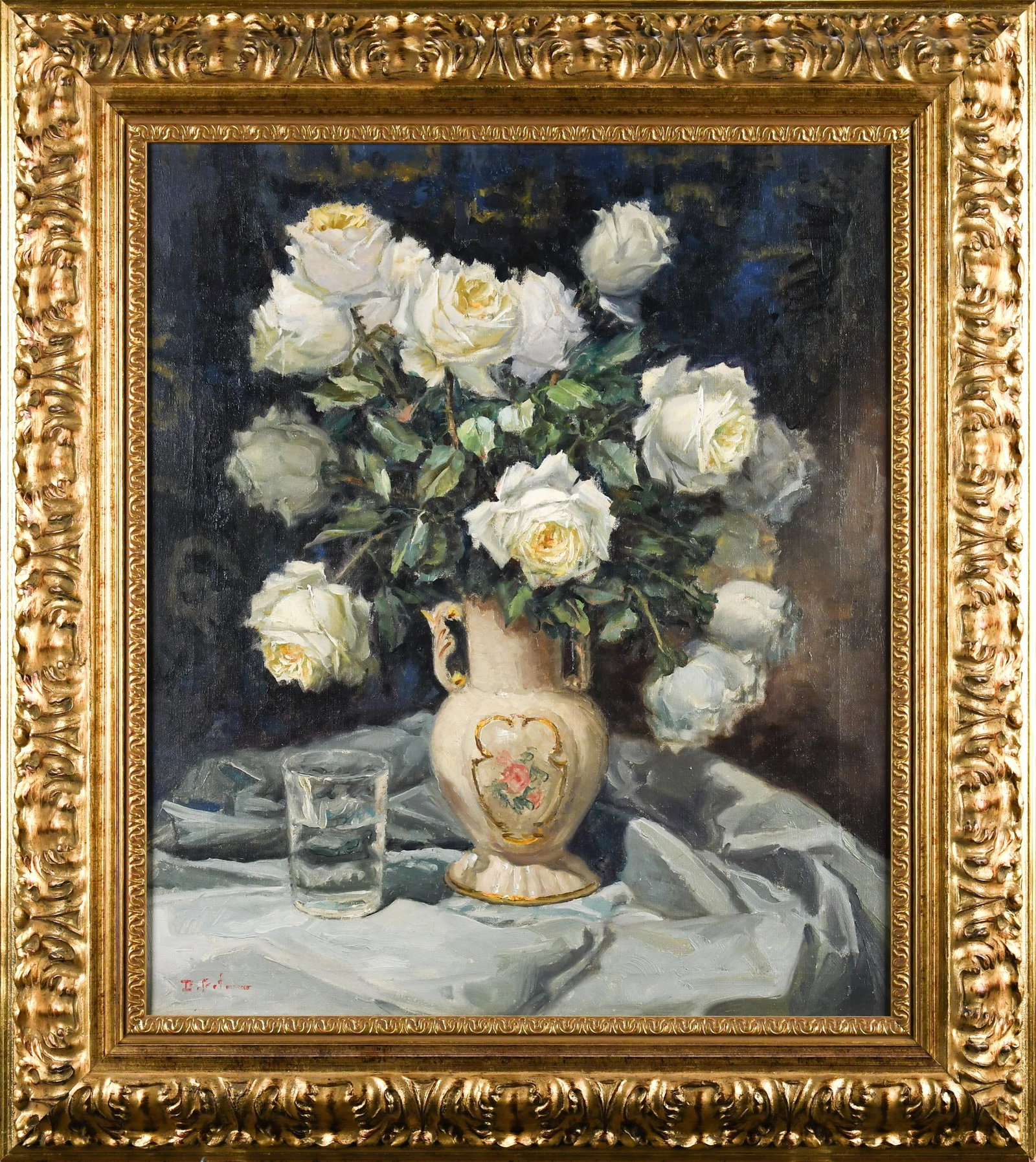 ANTIQUE STILL LIFE OIL, FLOWERS, SIGNED.: An early-mid 20th C. oil on canvas, vase of white roses, on table with glass of water, illegibly signed lower left. Image 25.5” x 21.5”.
