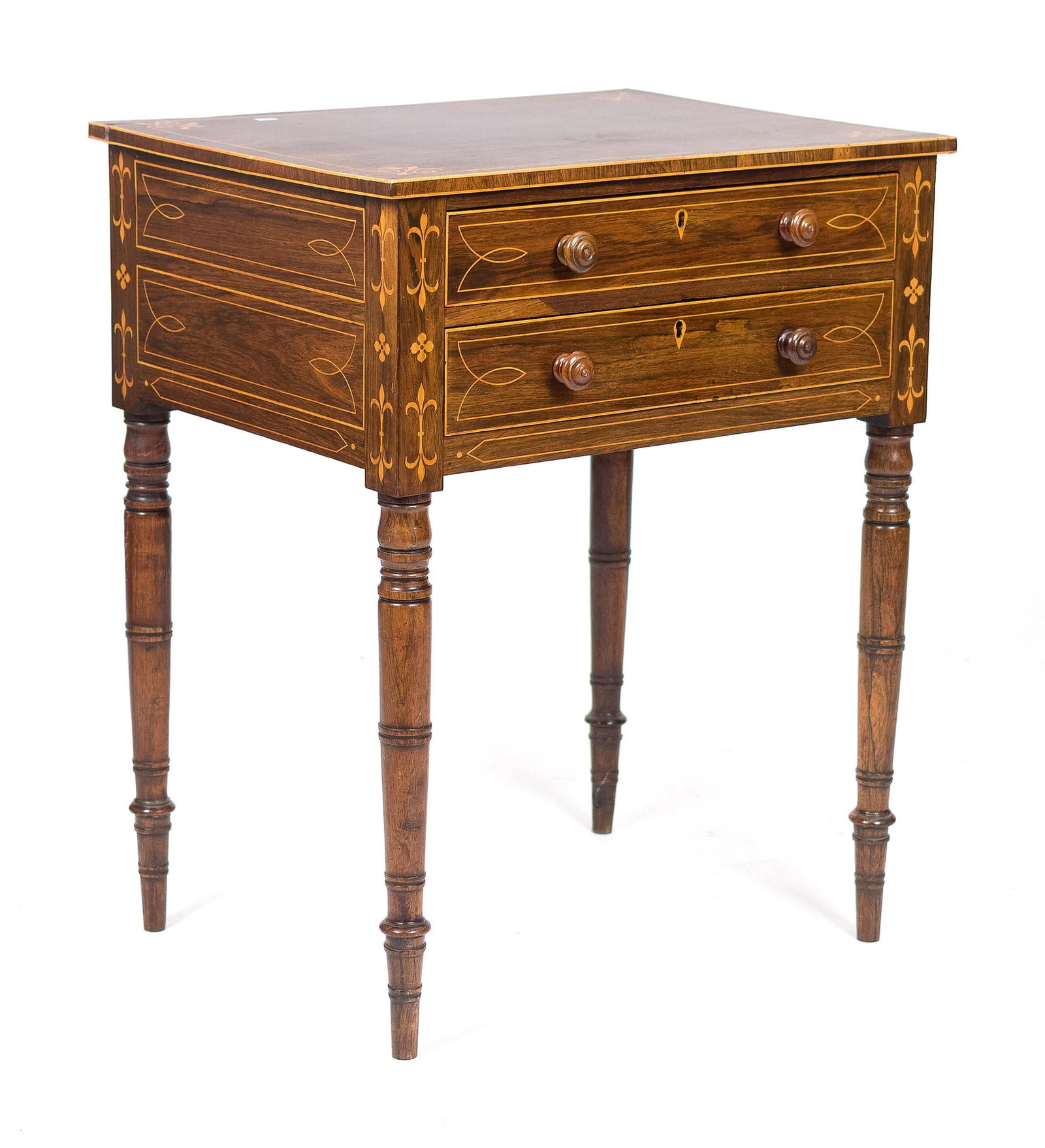 19TH C. REGENCY INLAID ROSEWOOD WORK TABLE.: A ca. 1820 English Regency rosewood work table with satinwod inlay, two drawers, upper fitted with desk interior featuring tooled leather writing surface. 29.25”H x 24”W x 18”D.
