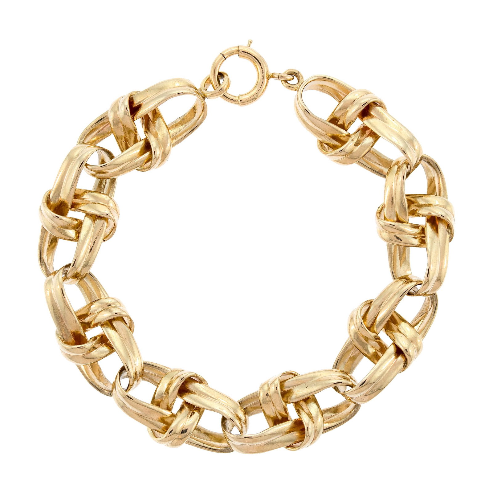 VINTAGE 14K GOLD TWISTED OVAL LINK BRACELET.: A vintage, 14k yellow gold (stamped), twisted oval link bracelet, 13mm wide, 7 1/4 inches long, 25.6 grams.