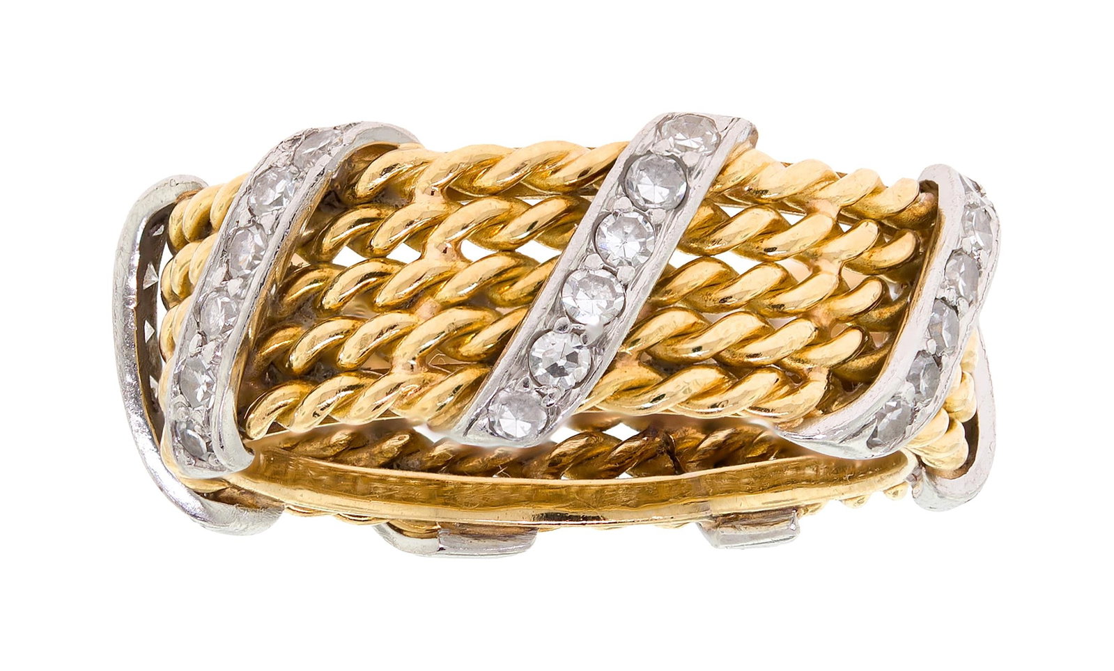18K & PLATINUM TWISTED PAVE DIAMOND BAND.: An 18k yellow gold and platinum (tested), twisted band set with approx. .63 c. tw., single cut, natural diamonds of H-I color and VS clarity. Ring size 7 1/4, 8.3mm wide, 7.7 grams. Tested as natural