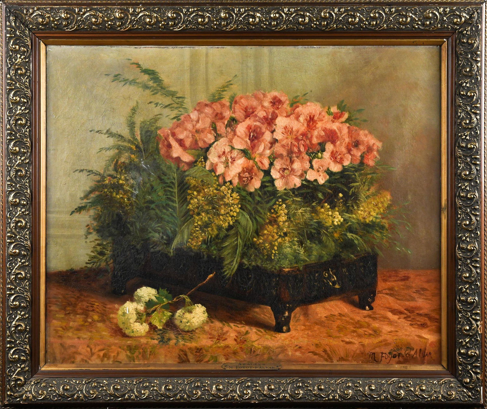 MADELEINE FOYOT-D'ALVAR OIL, AZALEAS IN PLANTER.: Madeleine Foyot-D'Alvar oil on canvas, titled on frame plaque â€œAzalÃ¨es” (Azaleas) signed lower right M. Foyot-D'alvar. Image 25” x 32”, Frame 32” x 39”.