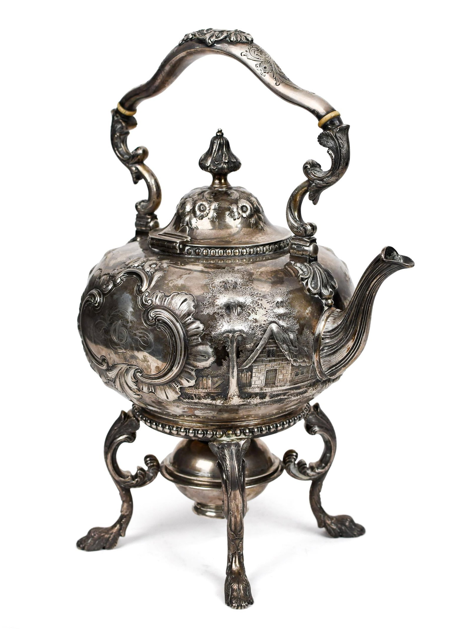 19TH C. BAILEY & CO. COIN SILVER KETTLE AND BURNER. (1 of 10)
