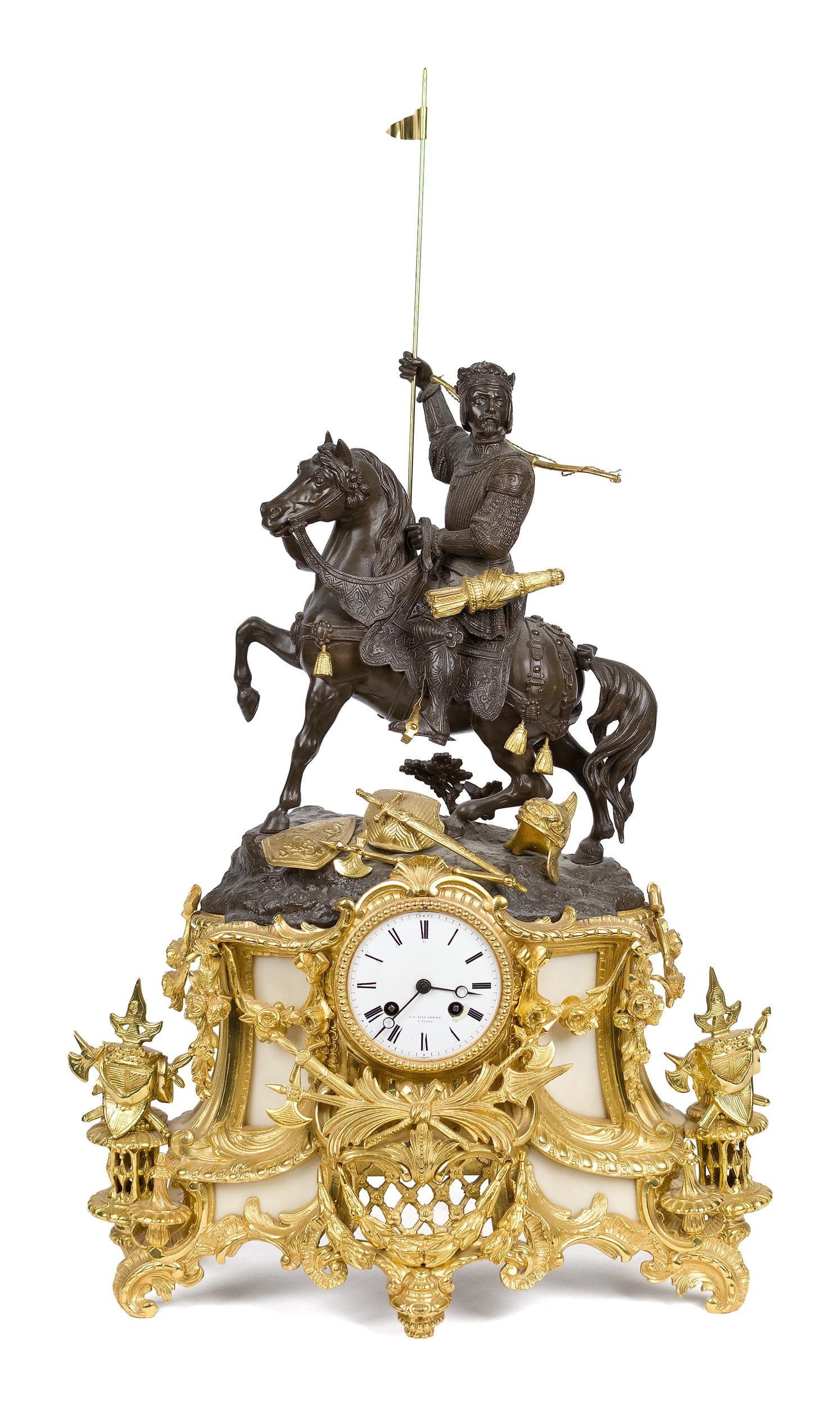 ANTIQUE FL HAUSBURG DORE GILT MANTLE CLOCK.: A late 19th/early 20th C. French mantle clock with a triumphant medieval soldier on horseback in natural bronze patina over an elaborate lower dore base having alabaster panels and a white porcelain e