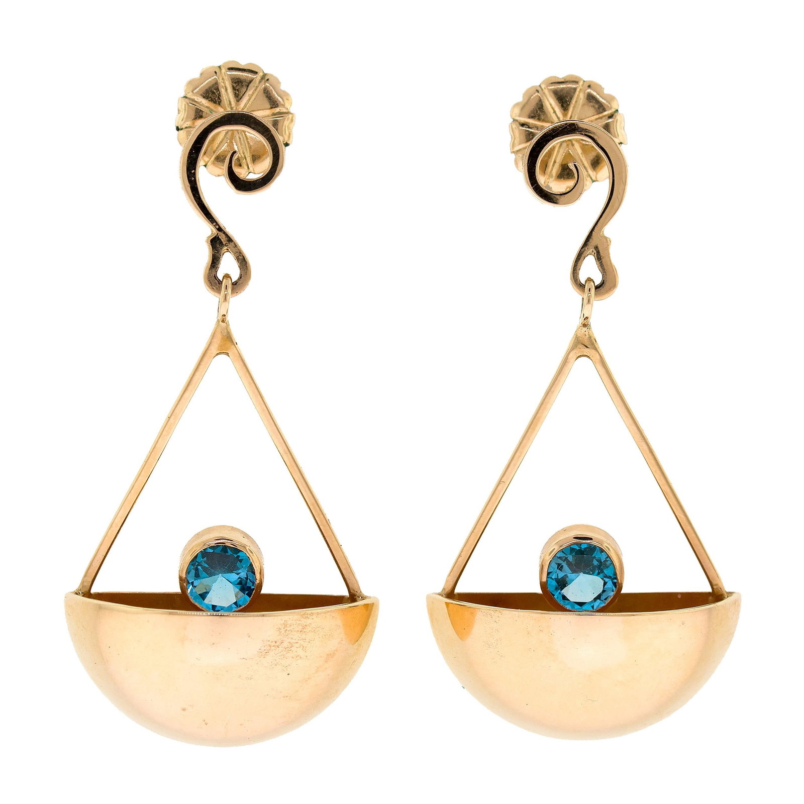HANDMADE 14K GOLD BLUE TOPAZ DANGLE EARRINGS.: A pair of handmade, 14k yellow gold (stamped) dangle earrings set with approx. 1.20 ct., faceted round, blue topaz, 2 inches long, 12.8 grams.