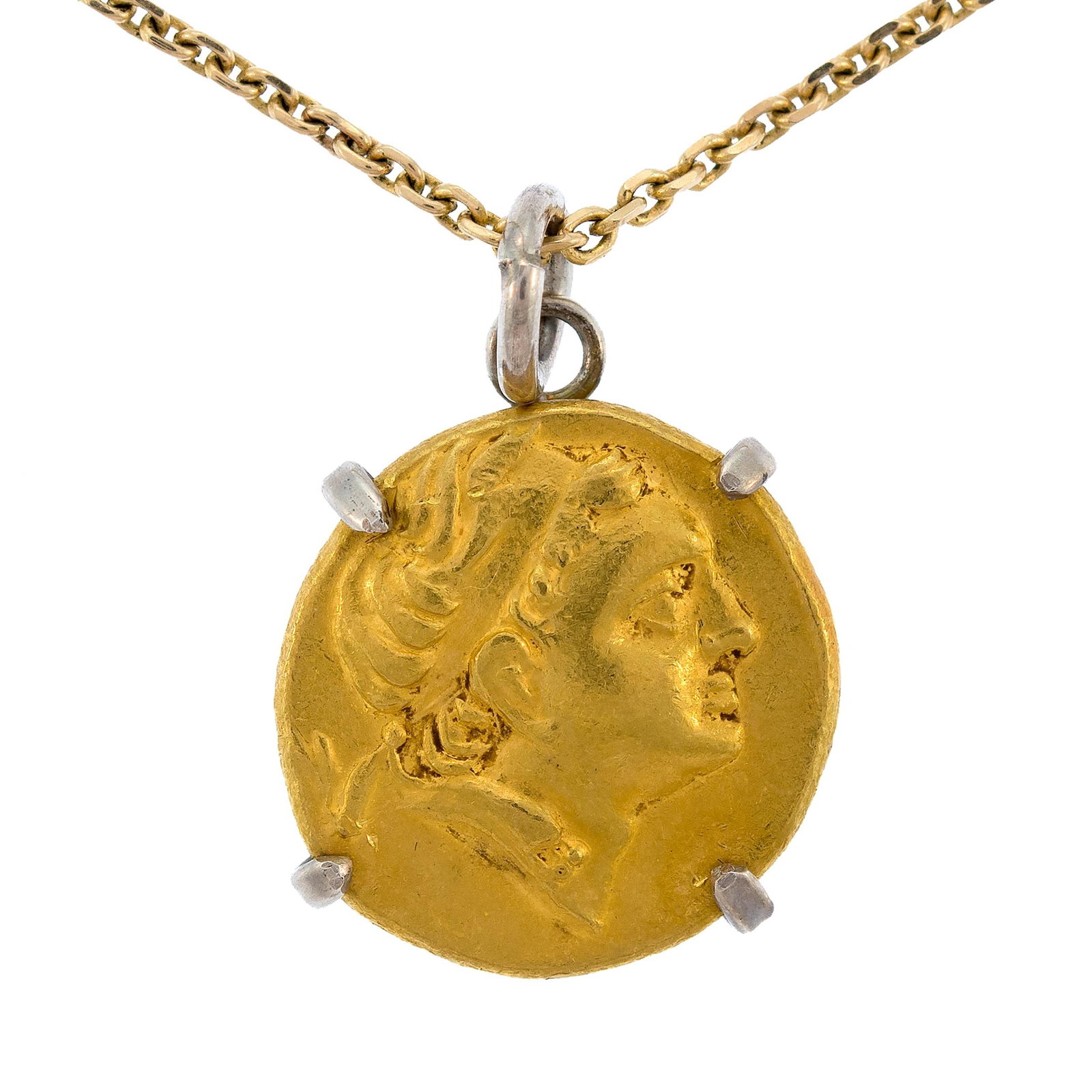 14K GOLD CHAIN W/ 18-20K GOLD ROMAN COIN IN SILVER.: A 14k yellow gold (stamped) cable link chain, 18 inches long, 4.4 grams with a 18k-20k yellow gold (tested) Roman coin set in a sterling silver (tested) frame, 8.3 grams, 12.7 grams total weight.