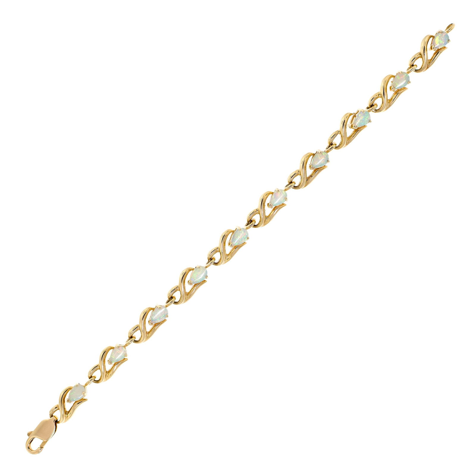 14K GOLD PEAR SHAPED OPAL LINK BRACELET.: A 14k yellow gold (stamped) bracelet set with approx. 3.5 ct. tw., pear shaped opals, 7mm wide, 6 3/4 inches long, 11 grams.