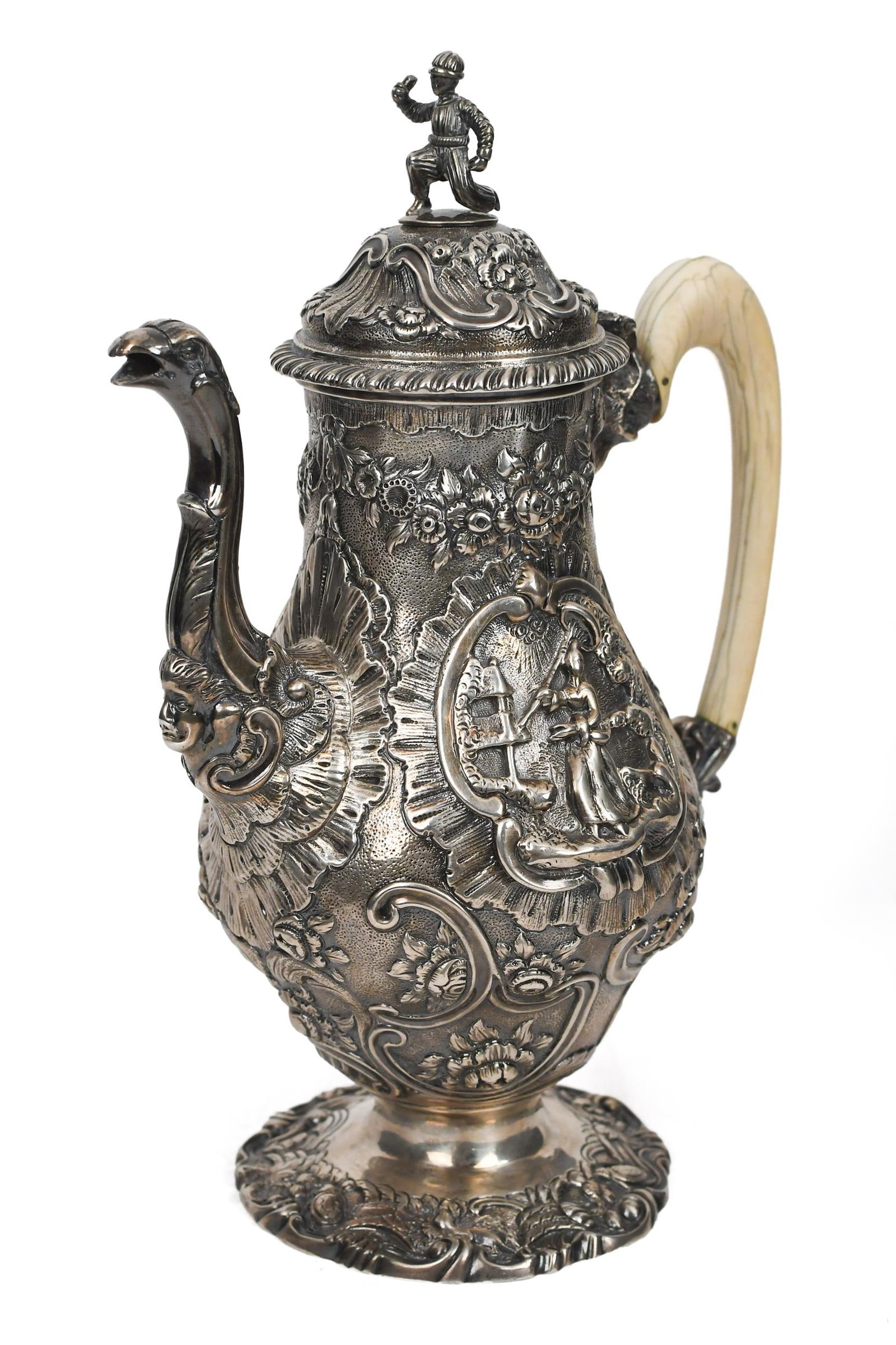 1816 WILLIAM FOUNTAIN ENGLISH STERLING TEAPOT.: A William Fountain, London, sterling silver teapot with elaborate repousse decoration, bird form spout, and bone handle. Marked on bottom WF, with date mark of 1816. 12”H, weight 48.4 oz t.