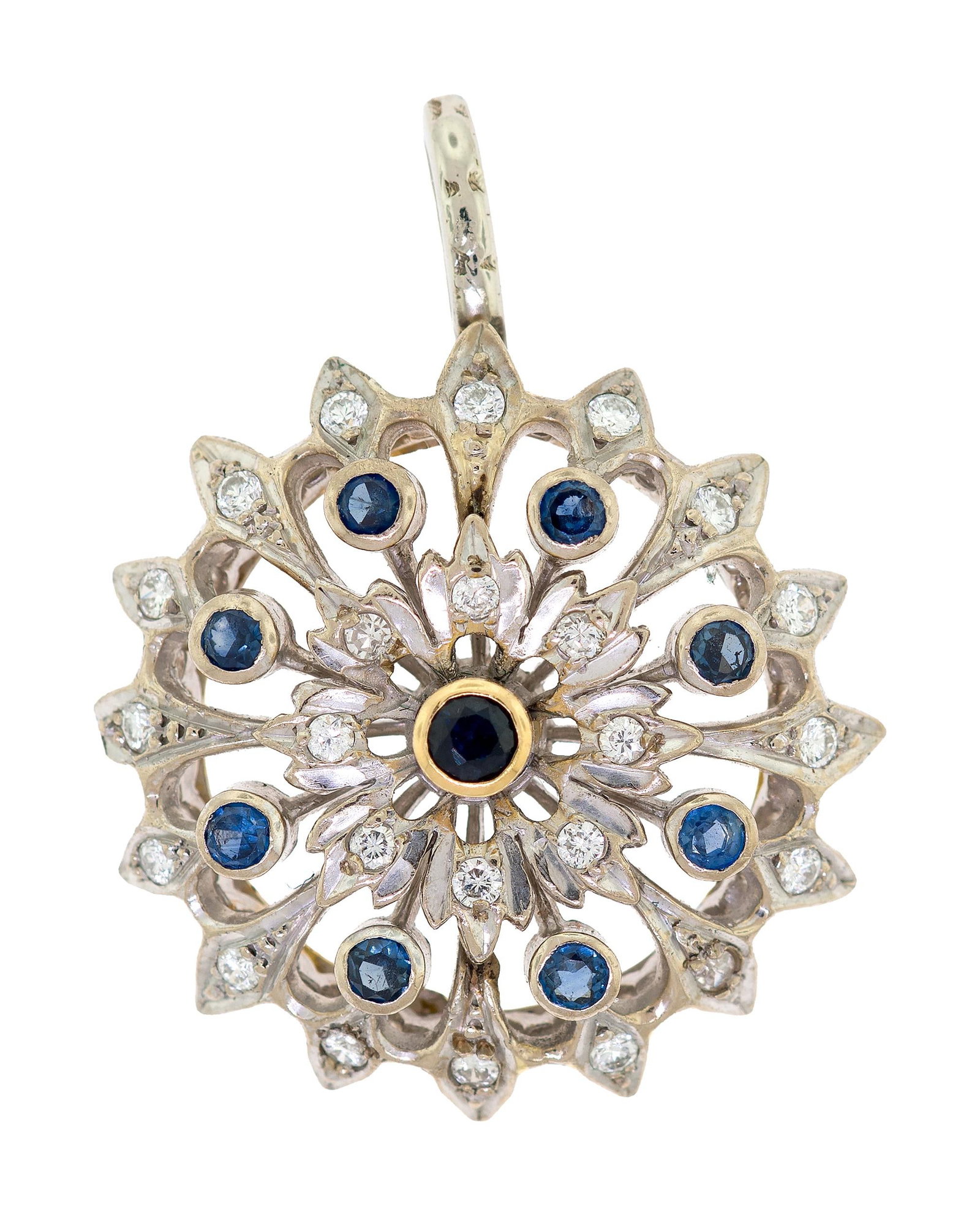 14K GOLD DIAMOND & SAPPHIRE FLOWER SHAPED PENDANT.: A 14k white gold (stamped) flower shaped pendant set with approx. 1.20 ct. tw., faceted round, dark blue sapphires and round brilliant cut, natural sapphires of H color and VS-SI clarity, 1 1/2 inches