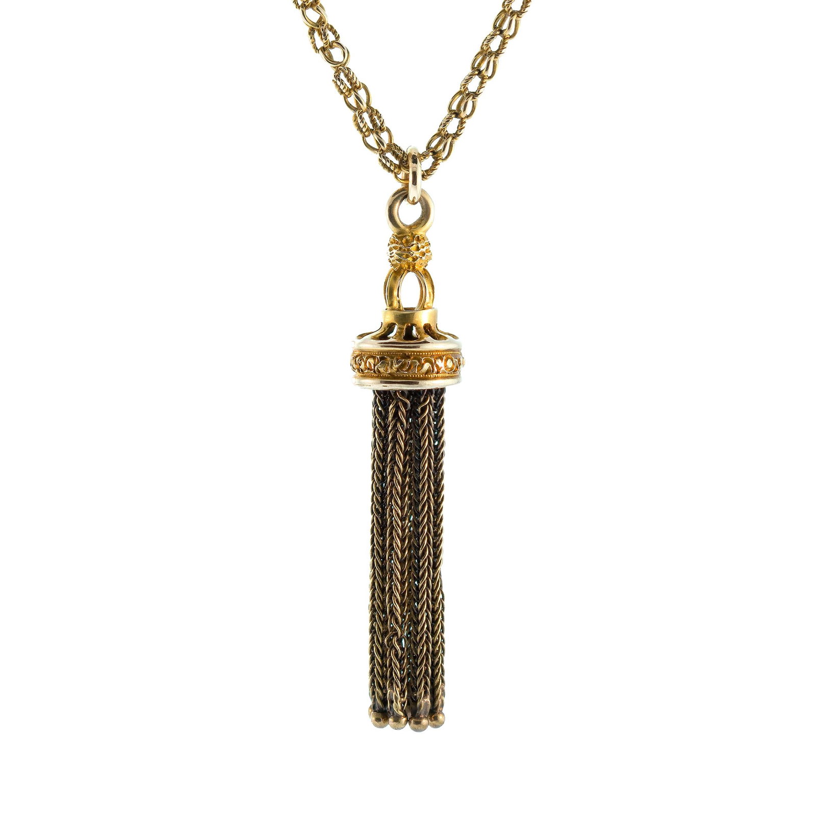 ANTIQUE 14K GOLD CHAIN W/ TASSEL PENDANT.: An antique, 14k yellow gold (tested) chain with a tassel pendant (approx. 2”L), 16 1/2 inches long, 12.4 grams total weight.