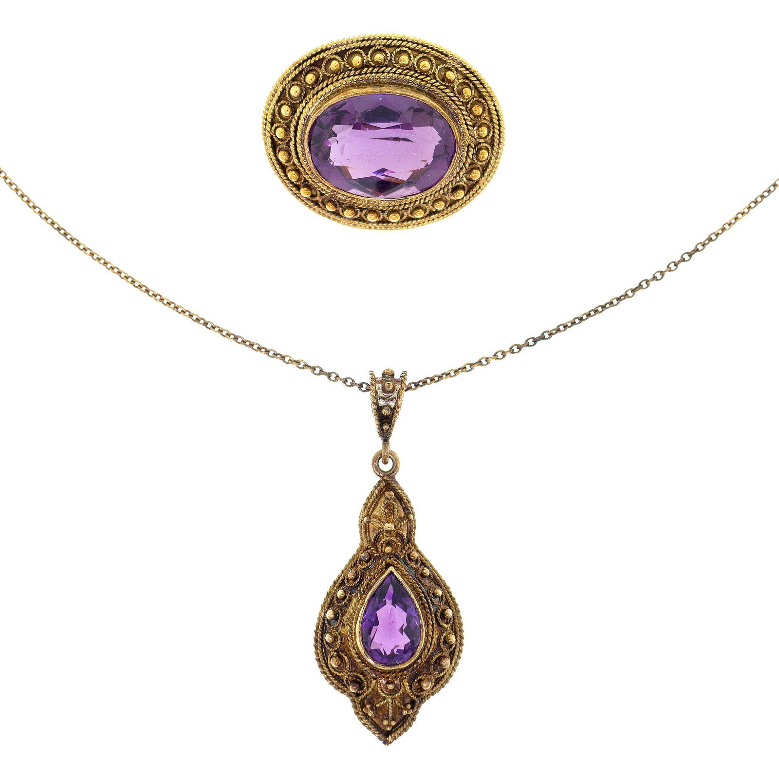ANTIQUE 14K GOLD CANNETILLE AMETHYST NECKLACE & PIN.: An antique, 14k yellow gold (stamped & tested) cannetille necklace and pin set with approx. 9 ct. tw., faceted oval and pear shaped, medium light and medium dark purple amethysts, pin is 1 1/8 inch lo