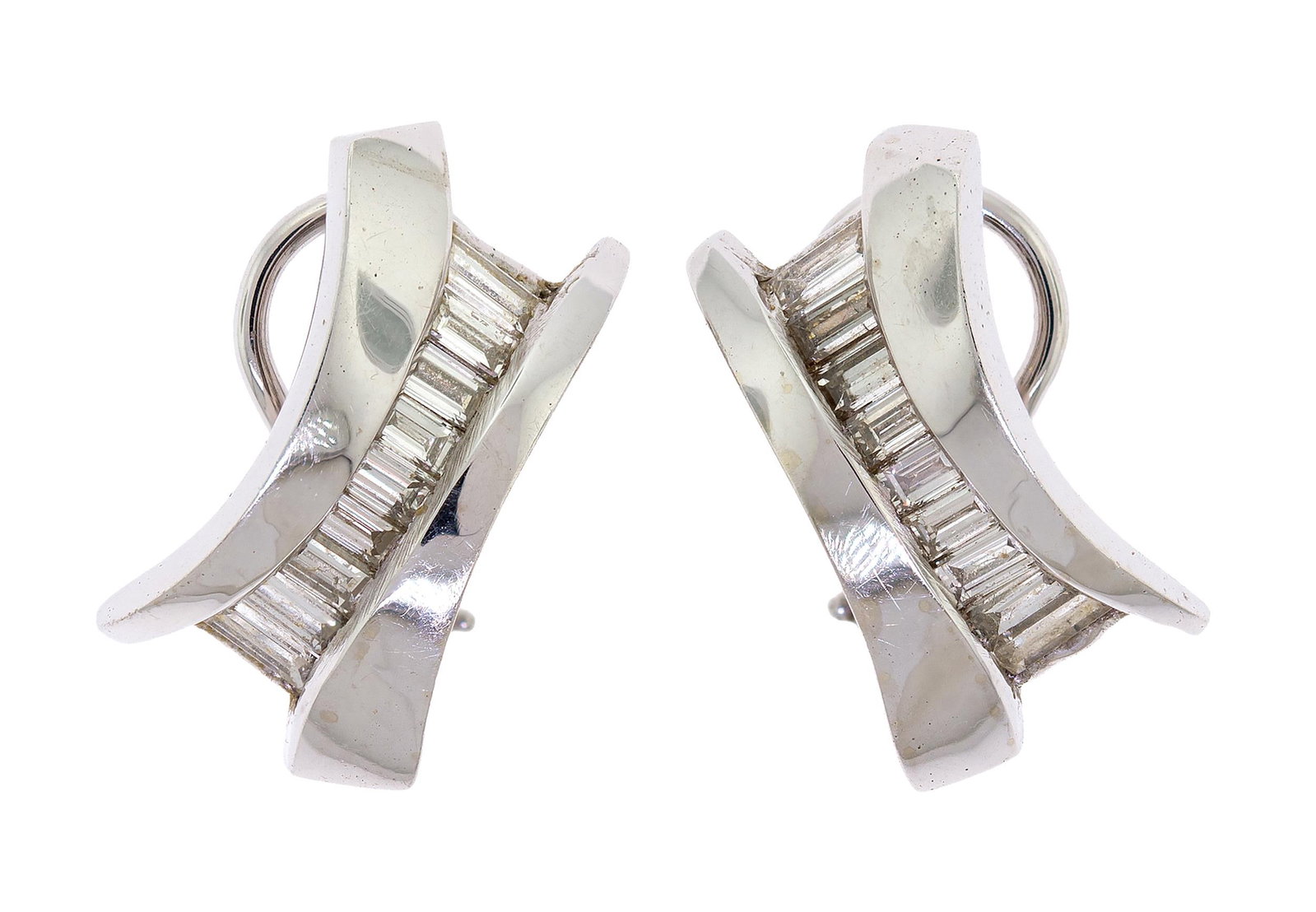 14K WHITE GOLD BAGUETTE DIAMOND POST EARRINGS.: A pair of 14k white gold (stamped) post earrings with omega clip closures set with approx. 1.50 ct. tw., baguette cut, natural diamonds of G-H color and VS clarity, approx. 3/4 inch long, 5.4 grams.