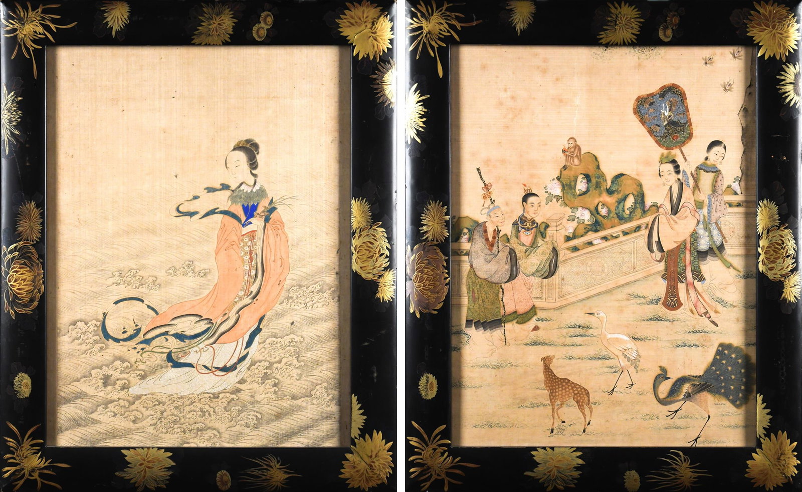 TWO ANTIQUE CHINESE PAINTINGS IN LACQUERED FRAMES.: Two antique Chinese paintings on sink, one example with very finely painted figures in a garden with exotic animals, the other a Quan Yin figure on waves. Both in gilt and black lacquer chrysanthemum 